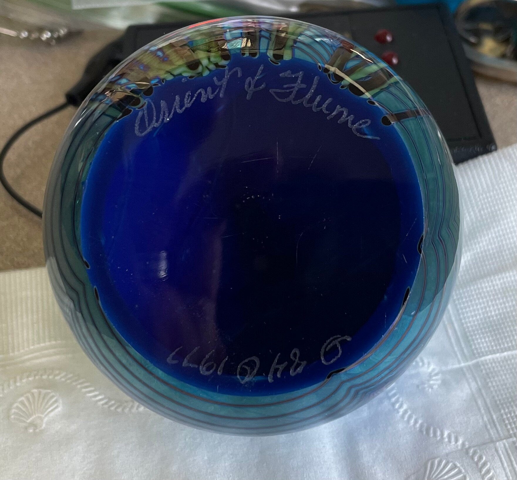 Vintage Orient & Flume Iridescent Floral Art Glass Paperweight Dated 1977 Stunning with Butterfly and Flowers