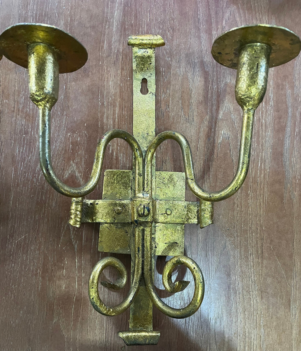 Huge Antique Wrought Iron Gothic Candle Wall Sconces Pair 2 Painted Gold