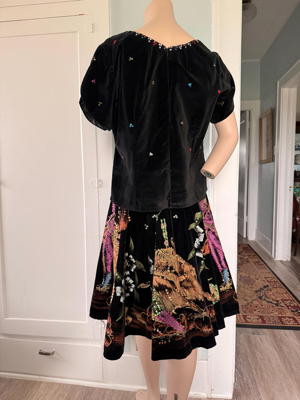 Stunning Bull Fighter 1950's Mexican Black Velvet Sequin Hand Painted Dress Circle Skirt with Top