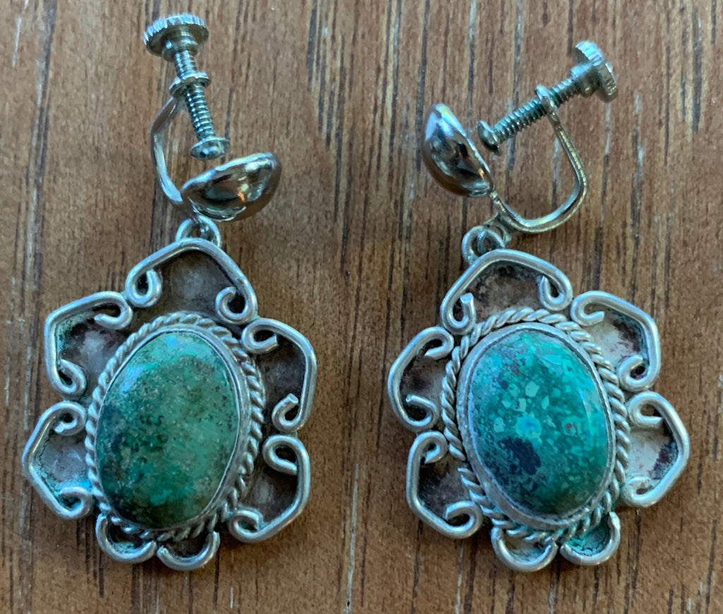 Large Native American Screw back Sterling Silver Turquoise Dangle Earrings