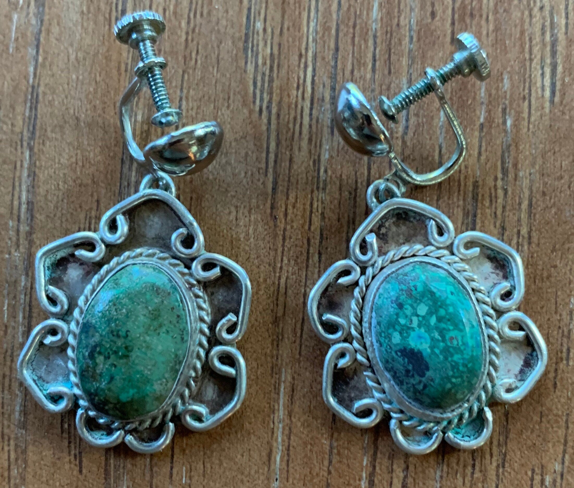 Large Native American Screw back Sterling Silver Turquoise Dangle Earrings