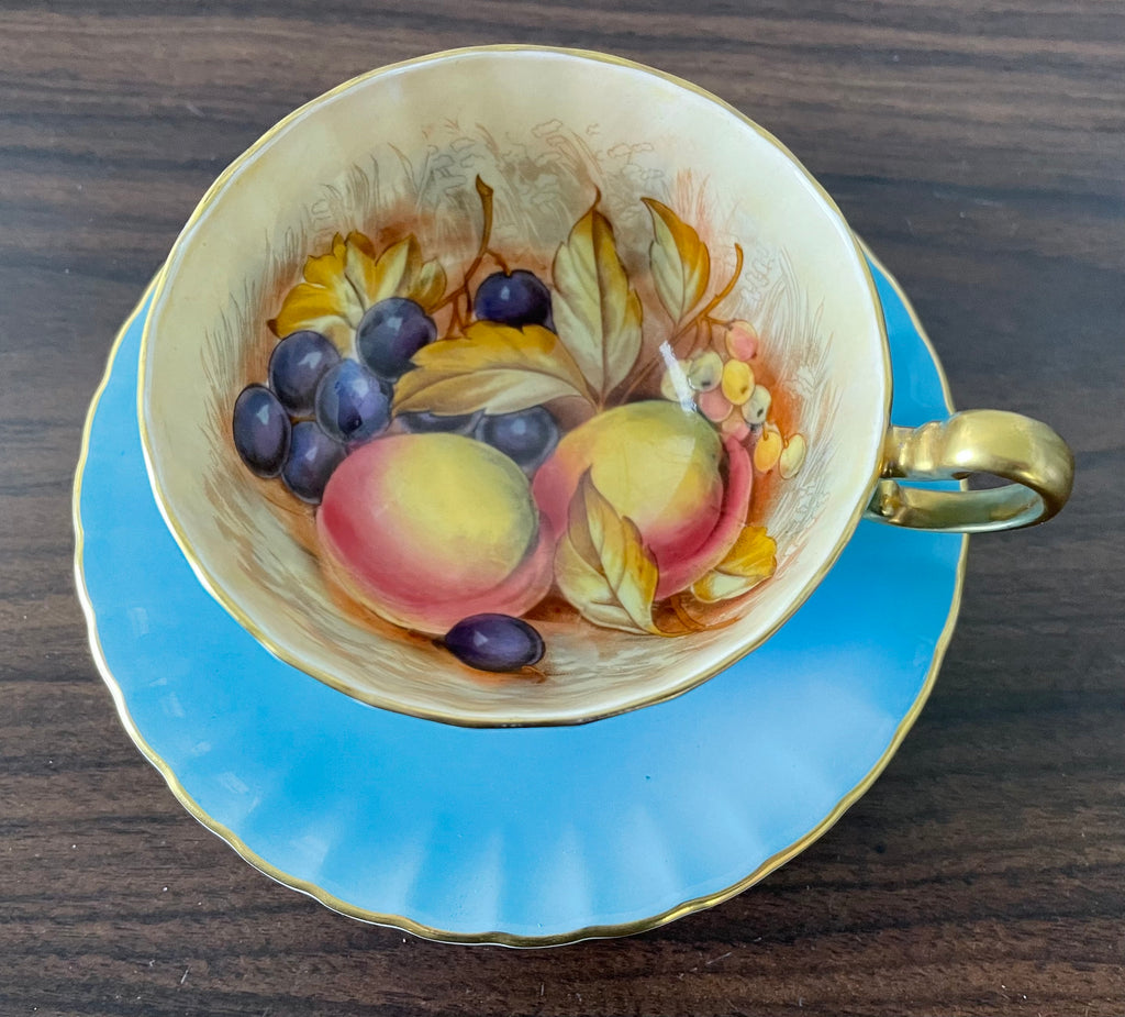 Beautiful Aynsley Fruit Orchard Gold Tea Cup and Saucer Duo Vintage 1960's Turquoise Blue