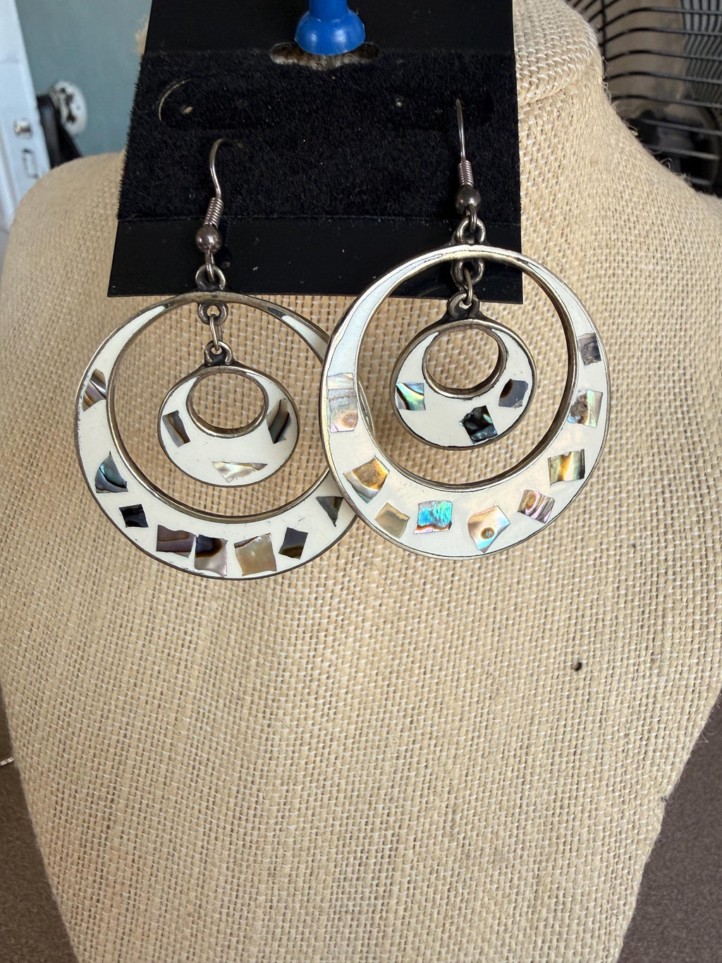 Large Mexican Alpaca Silver and Inlay Abalone in White Enamel  Hoop Earrings