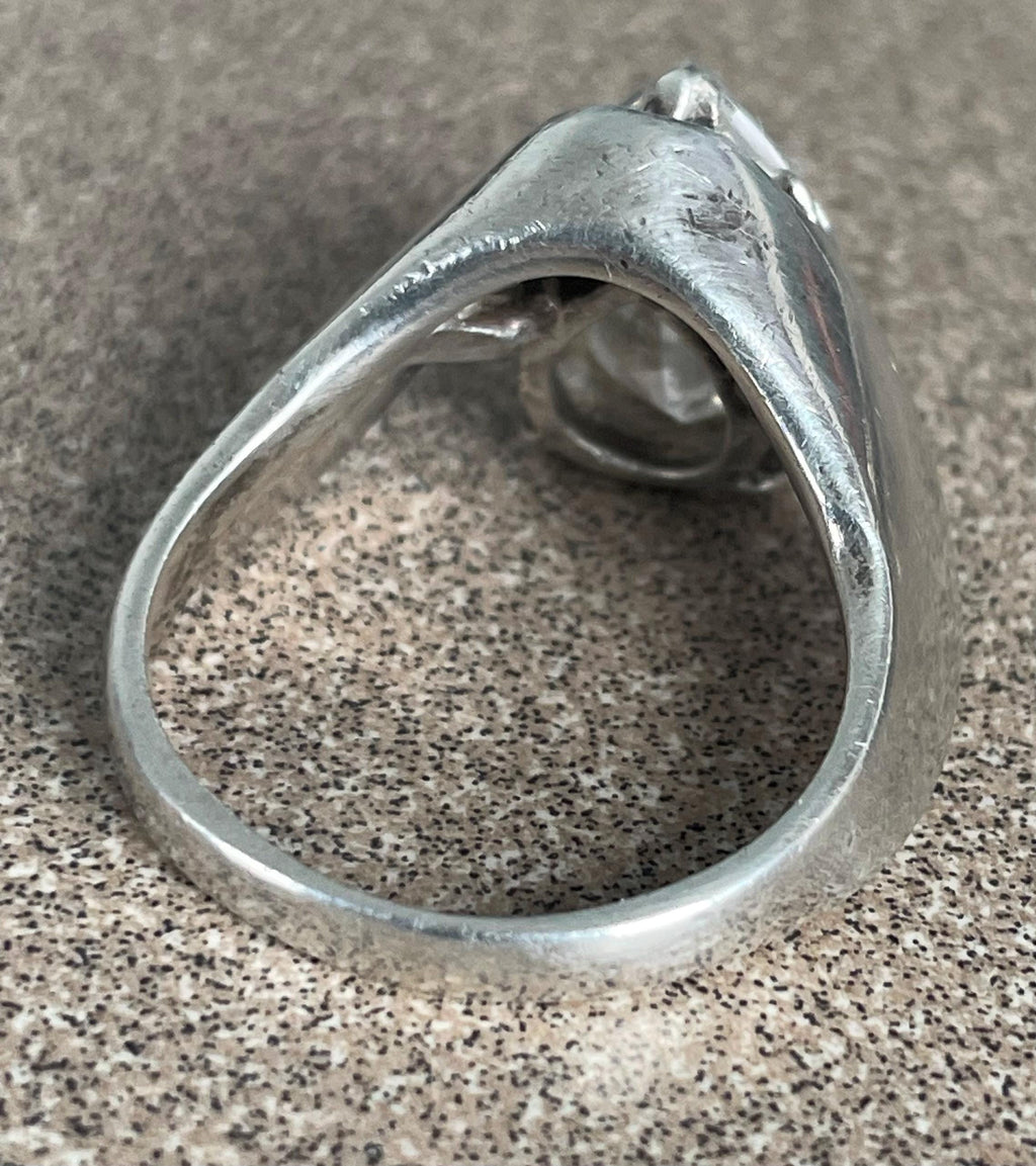 Unique Vintage Artist Signed "ASPO" Ladies Clear Topaz Tear Drop Sterling Silver Modernist Ring Size 9