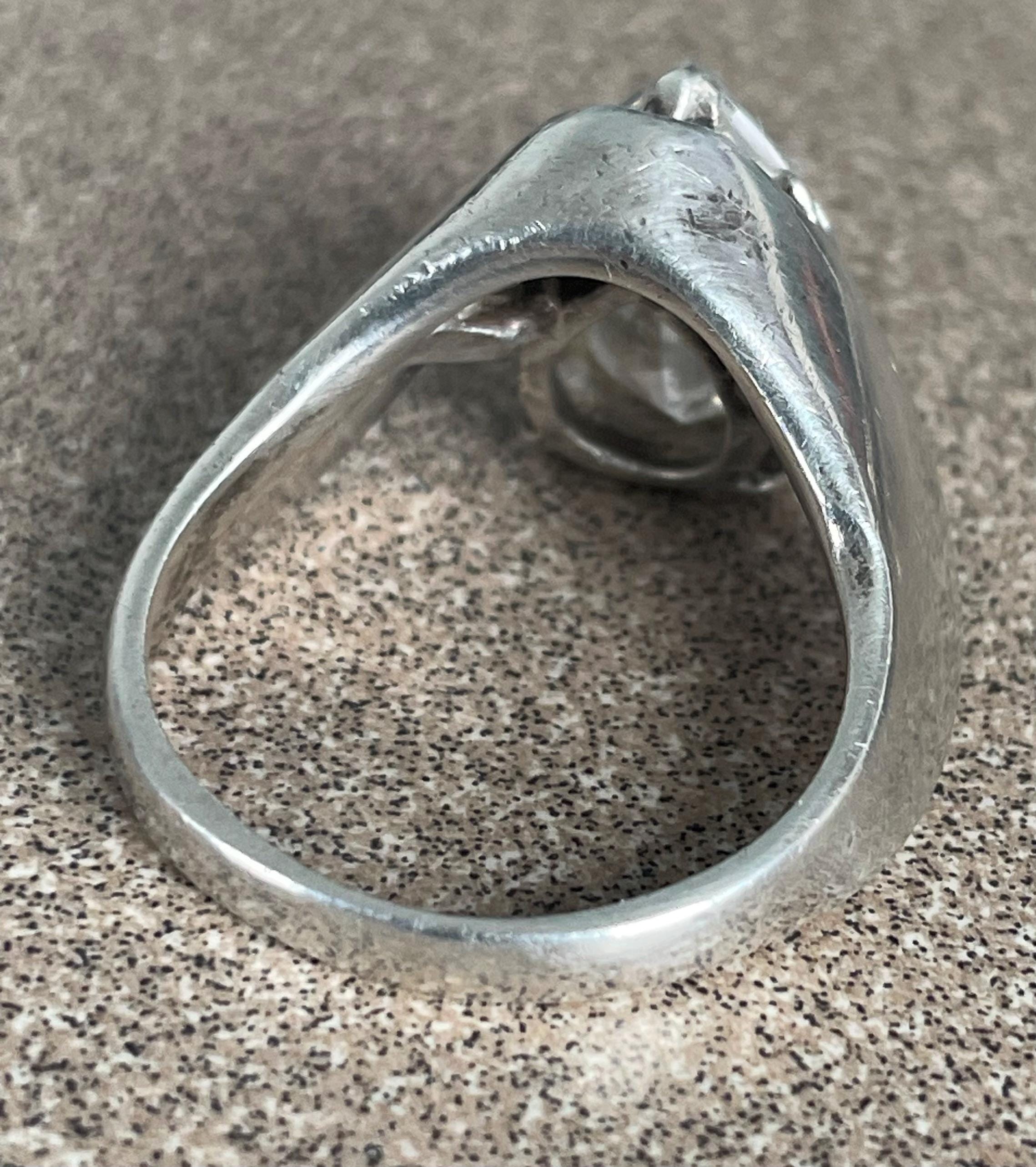 Unique Vintage Artist Signed "ASPO" Ladies Clear Topaz Tear Drop Sterling Silver Modernist Ring Size 9