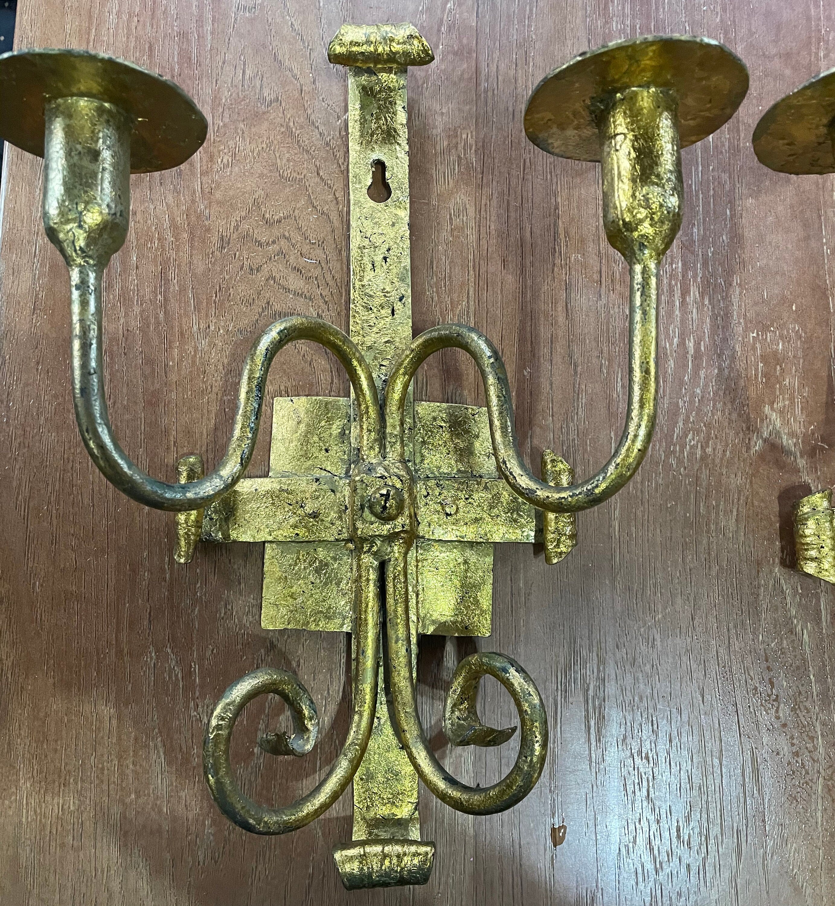 Huge Antique Wrought Iron Gothic Candle Wall Sconces Pair 2 Painted Gold