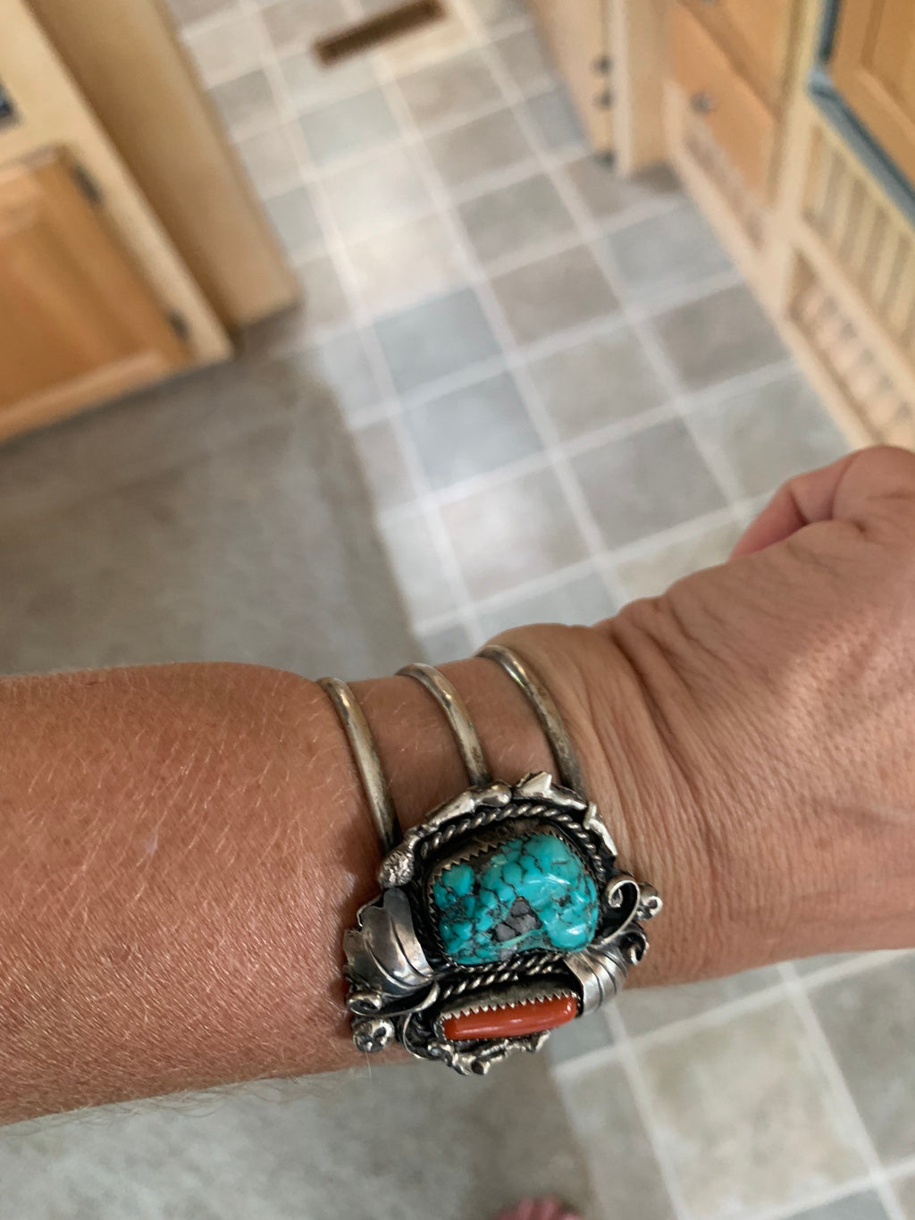 Large Sterling Silver Old Pawn Blue Green Coral & Turquoise Navajo Cuff Bracelet