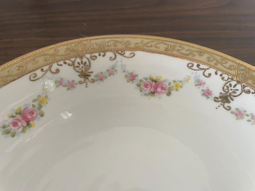Antique Hand Painted Nippon Rose and Raised Gold Double Handle Serving Bowl