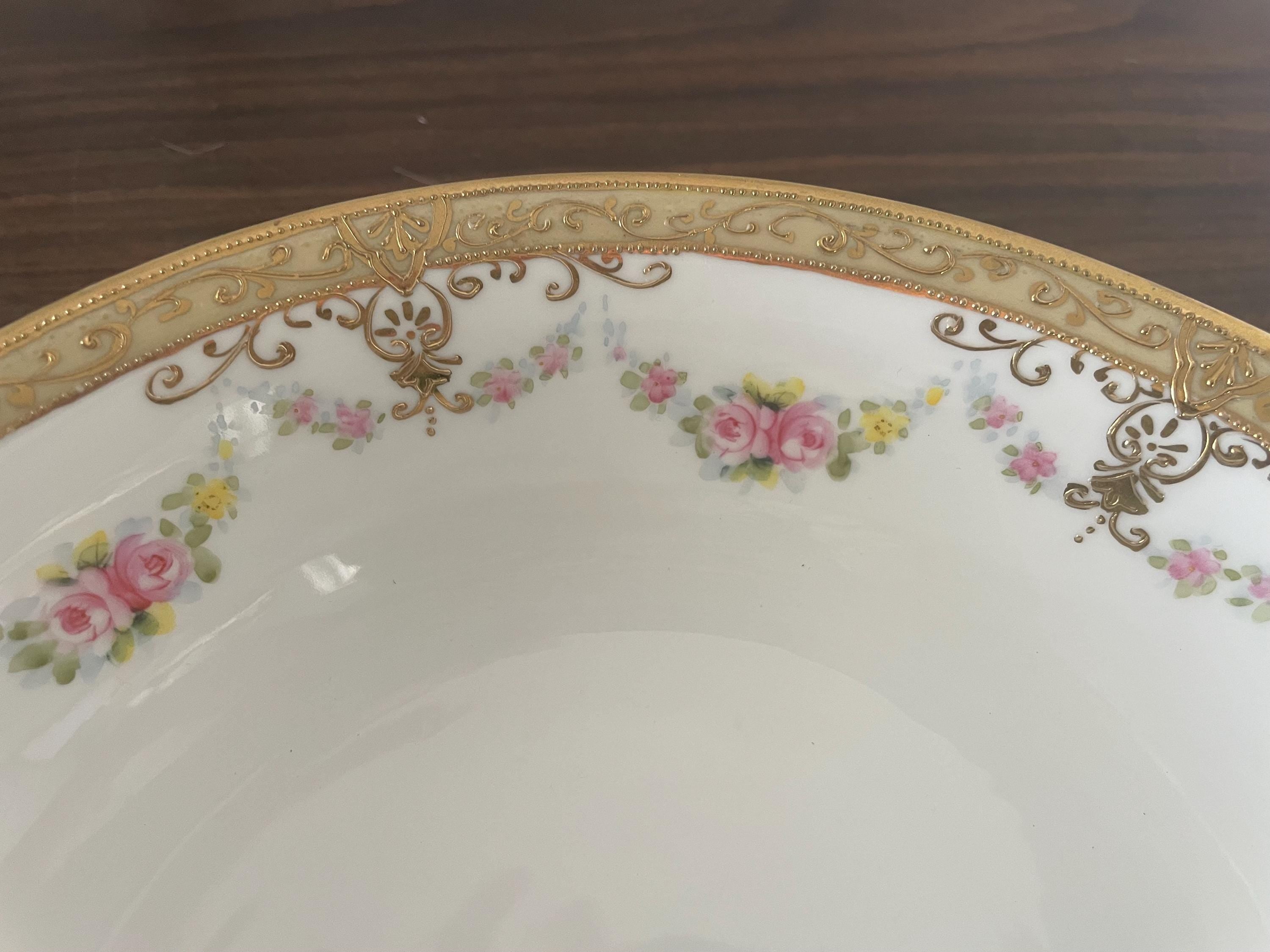 Antique Hand Painted Nippon Rose and Raised Gold Double Handle Serving Bowl