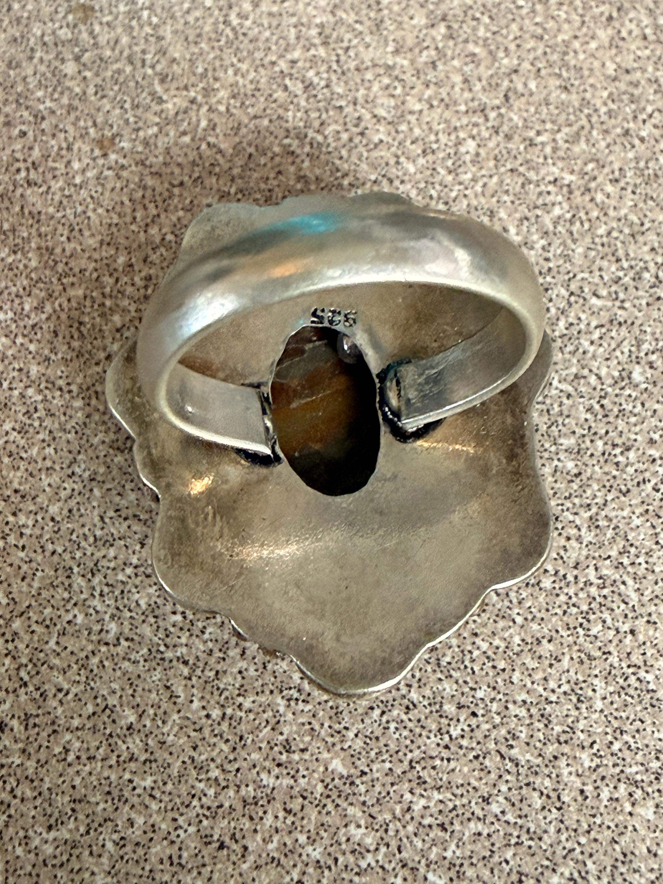 Vintage Sterling Silver and Mexican Agate Ring Size 9