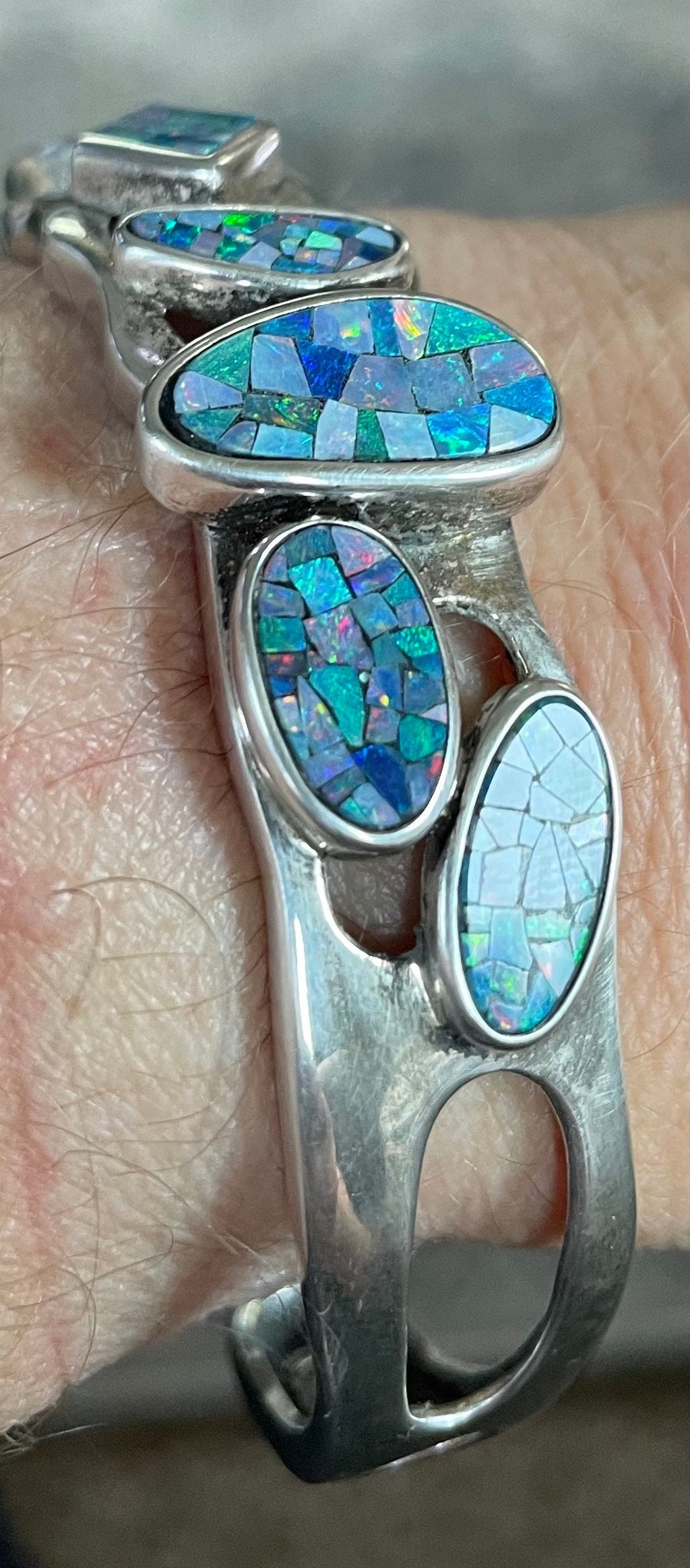 Stunning Vintage Sterling Silver and Blue Opal Cuff Bracelet