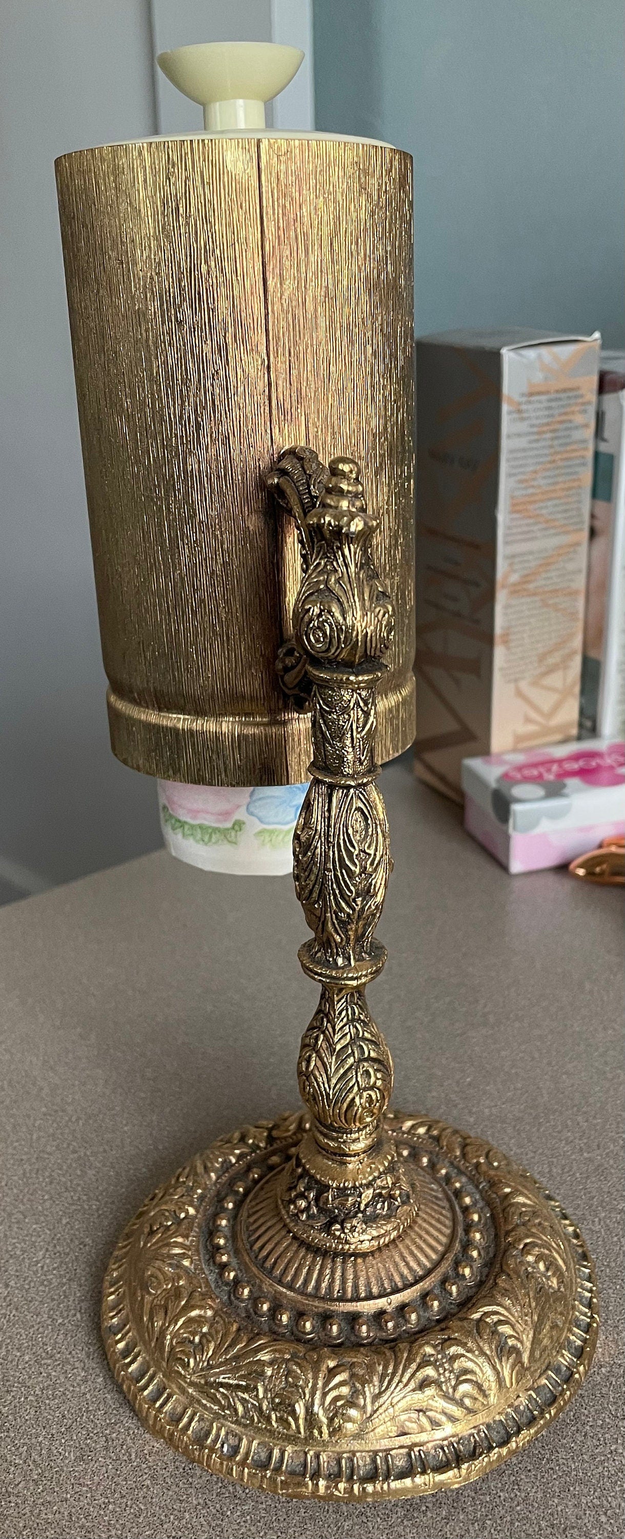 Vintage Gold Guilt Ormolu Dixie Cup Dispenser Bathroom Cup Holder Ornate Floral Design Hollywood Regency