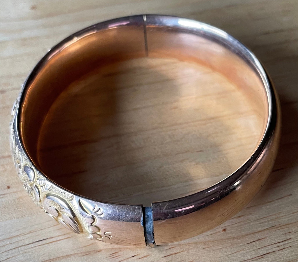 Antique Victorian 12k Gold Filled Hinged Bracelet with Floral Gilt Design