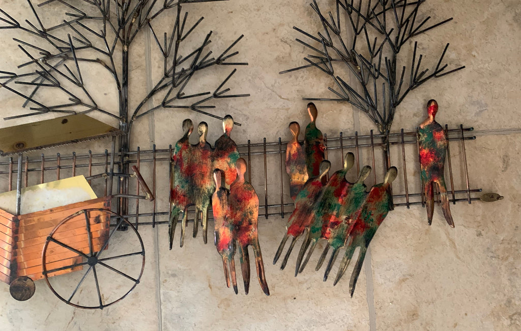 Huge Mid Century Modern C Curtis Jere Style Signed Wiley City Street Vendor Metal Wall Sculpture Art 3D