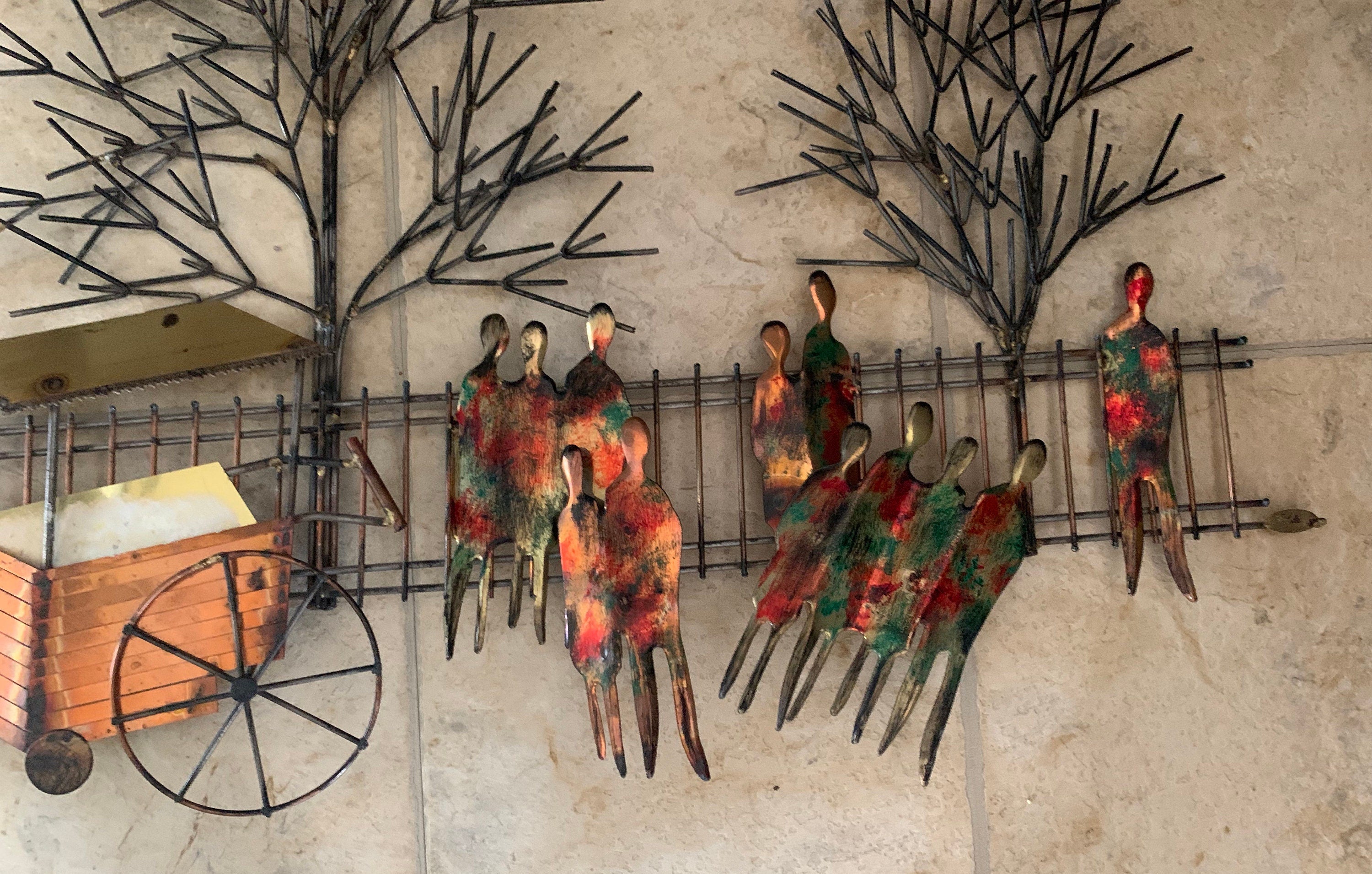 Huge Mid Century Modern C Curtis Jere Style Signed Wiley City Street Vendor Metal Wall Sculpture Art 3D