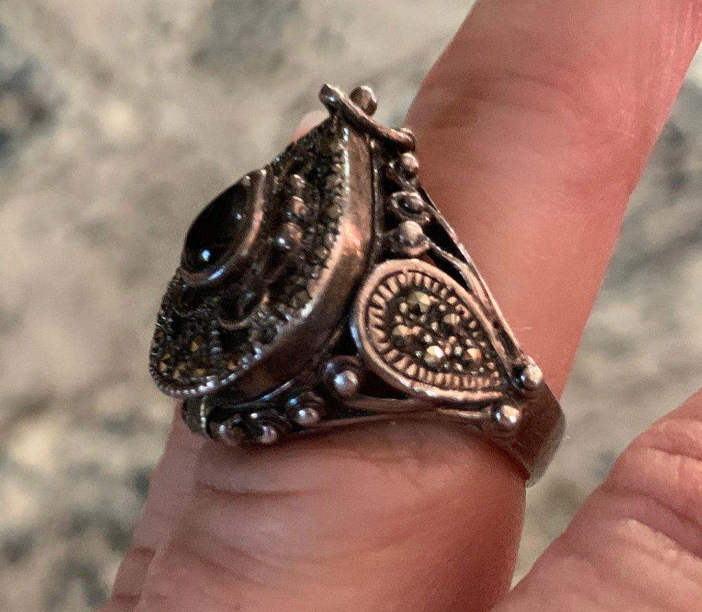 Beautiful Ladies Turkish Sterling Silver Black Onyx and Marcasite Poison Ring size 7