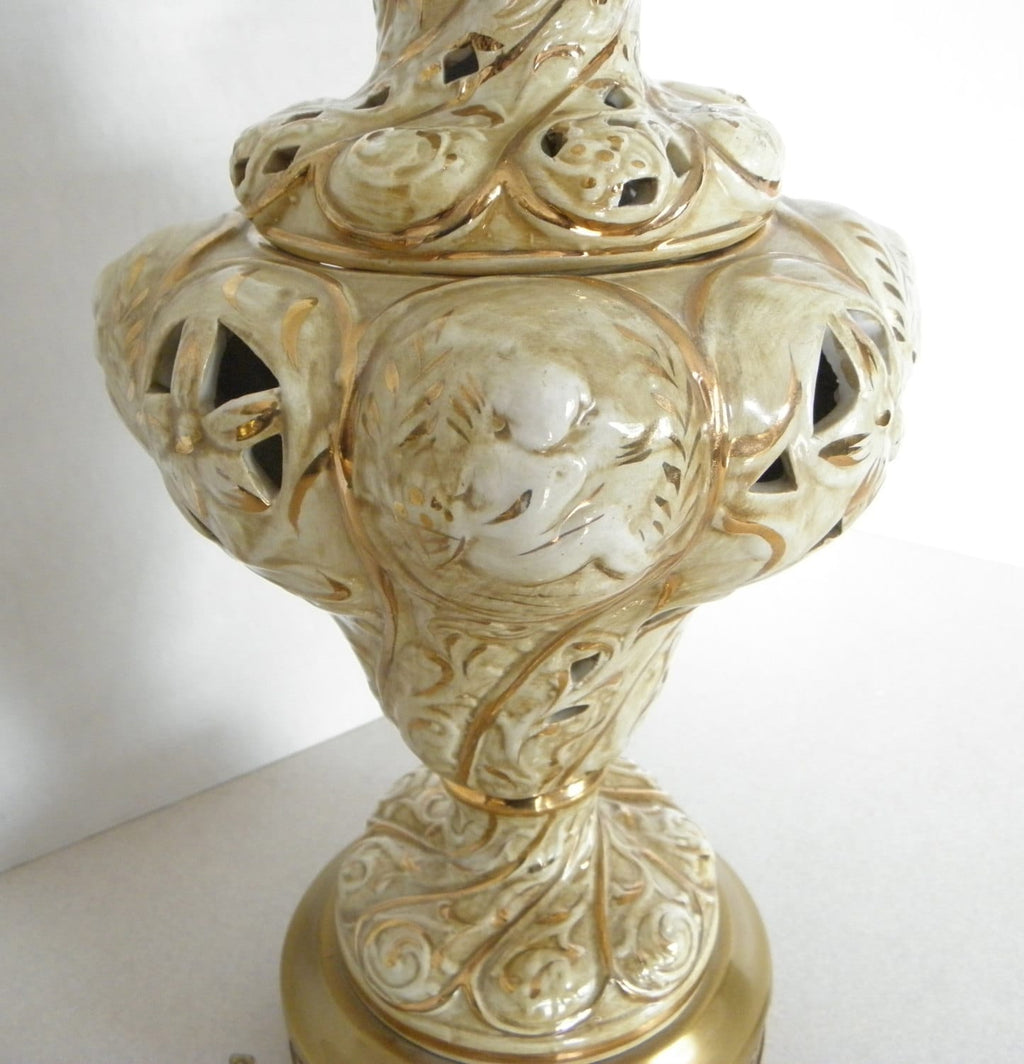 Unique Antique Green & Gold Capodimonte Art Nouveau Ceramic Jar lamp w Cherubs