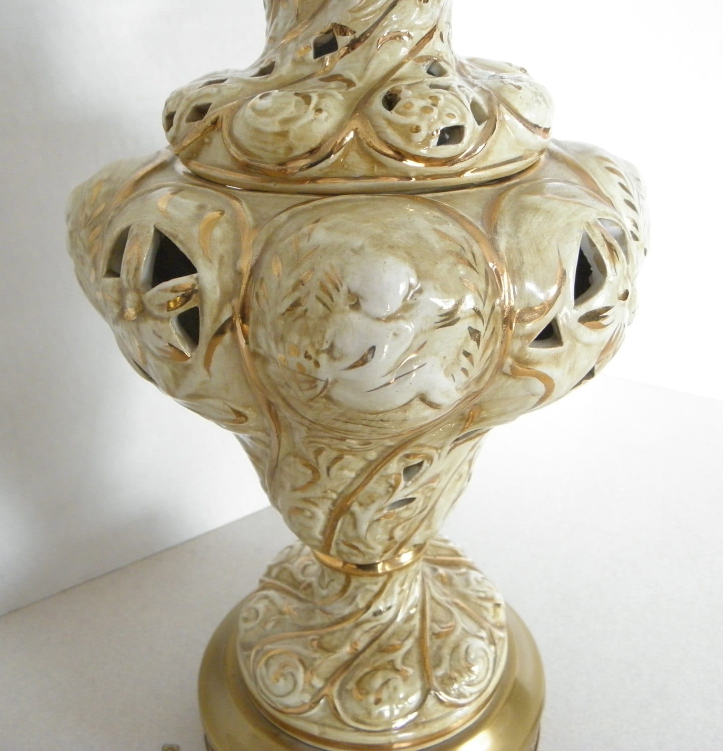Unique Antique Green & Gold Capodimonte Art Nouveau Ceramic Jar lamp w Cherubs