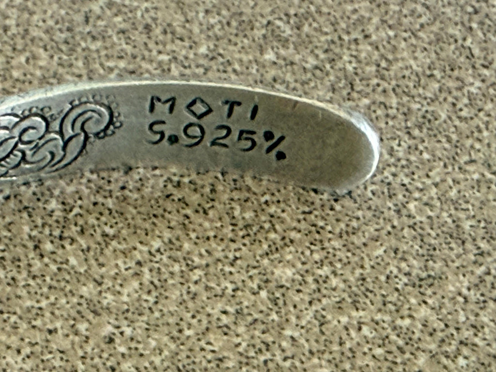 Signed Moti S Native American Made Sterling Silver Cuff Bracelet Floral Design Inside and Out