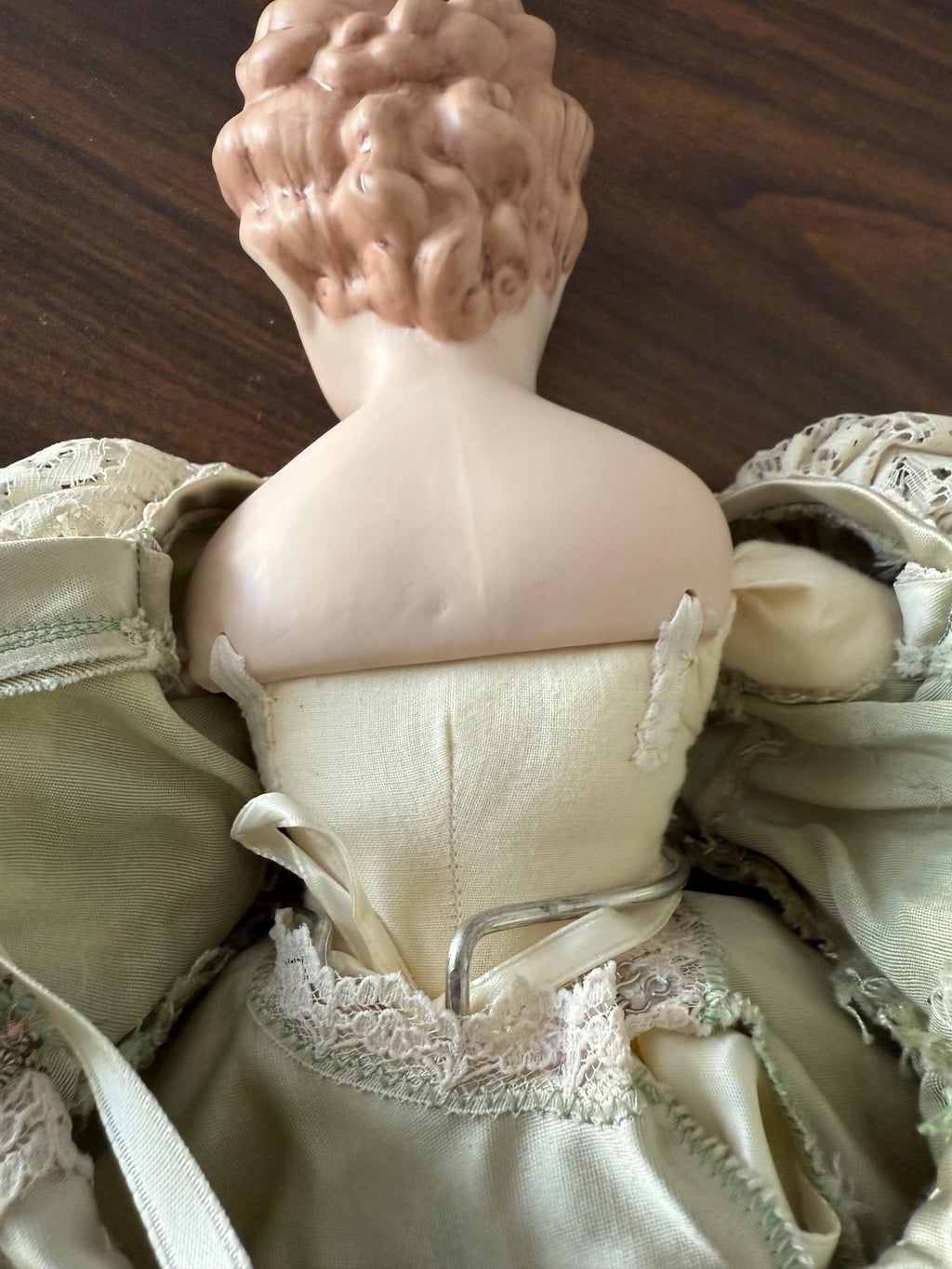 Antique 18" German Parian China Head doll Reproduction with Handmade Satin Green Lace Dress Glass Eyes