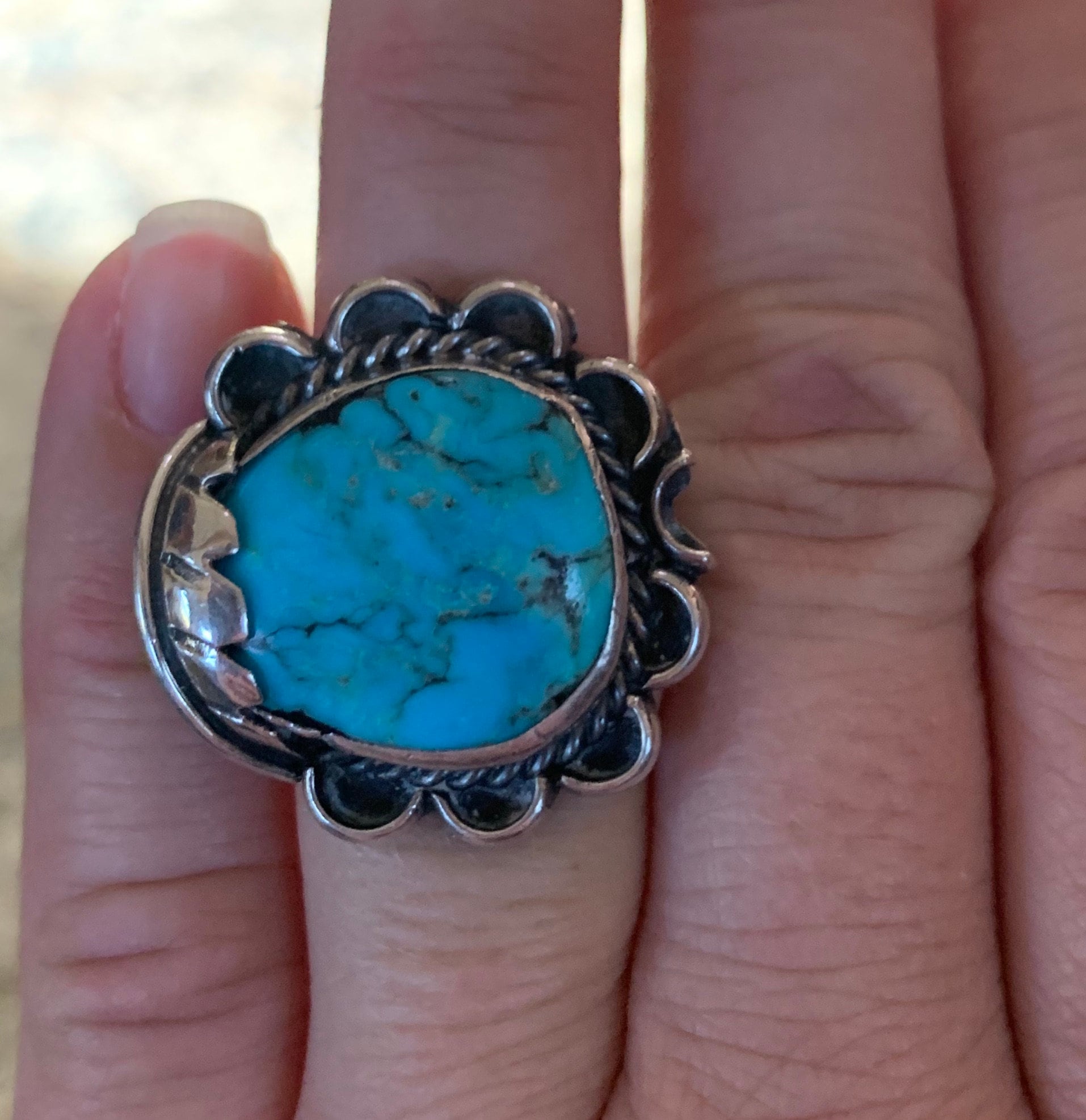 Beautiful Vintage Native American Pawn Silver Blue Turquoise Ring 7 1/2