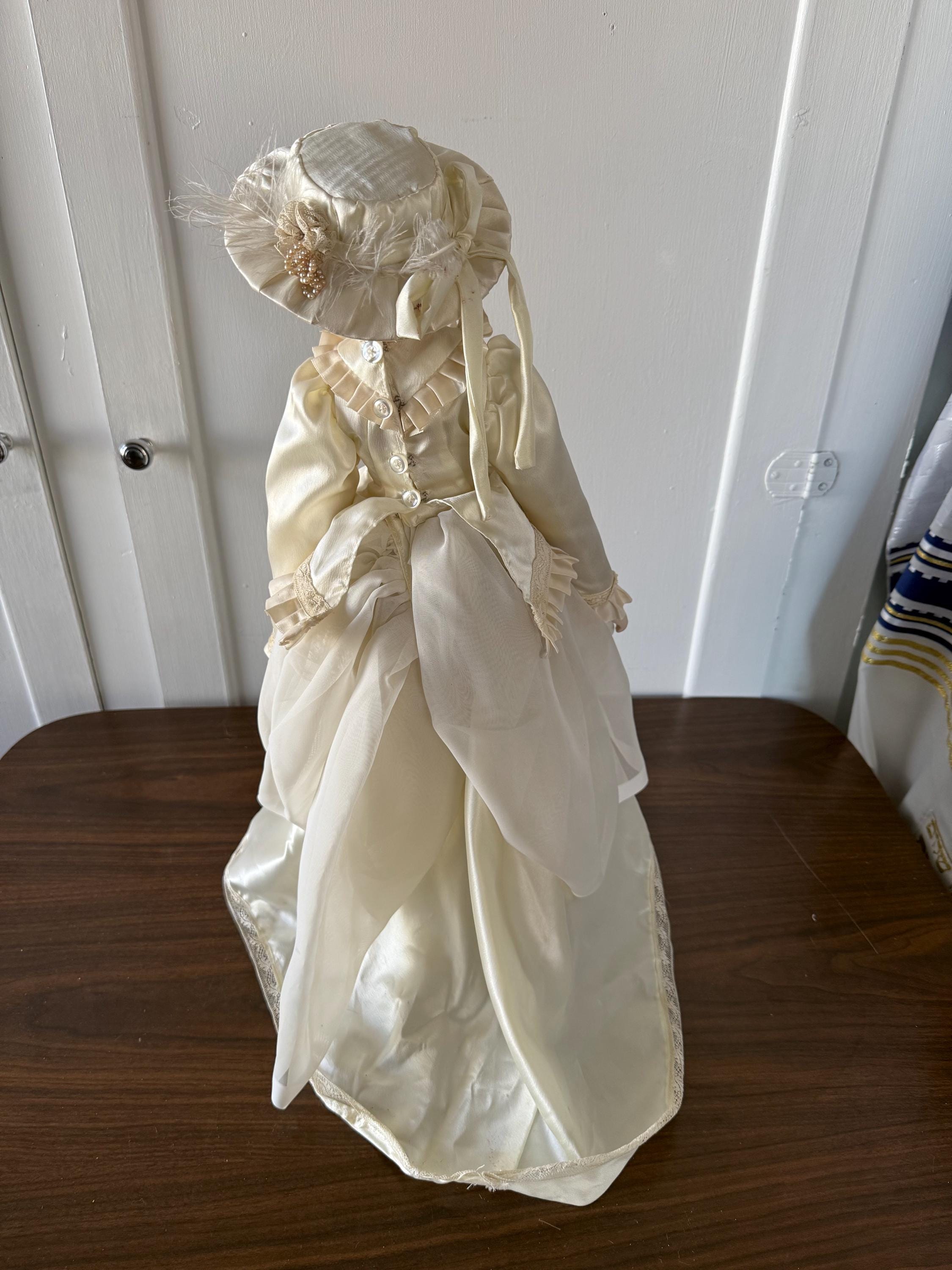 Antique 20" German Parian China Head doll Reproduction with Handmade Satin Off White Lace Dress Blue Glass Eyes