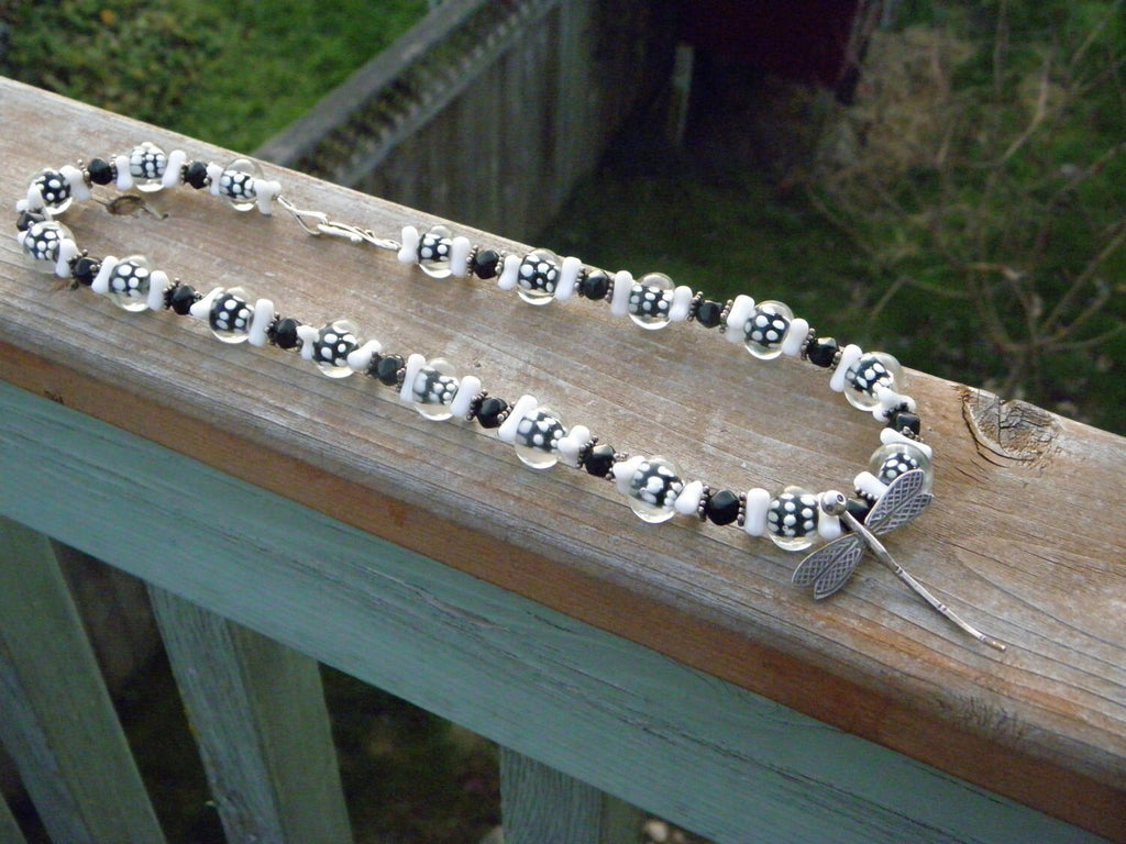 Beautiful Black and White Murano Glass Beads with Sterling Dragonfly Necklace  Artist Design