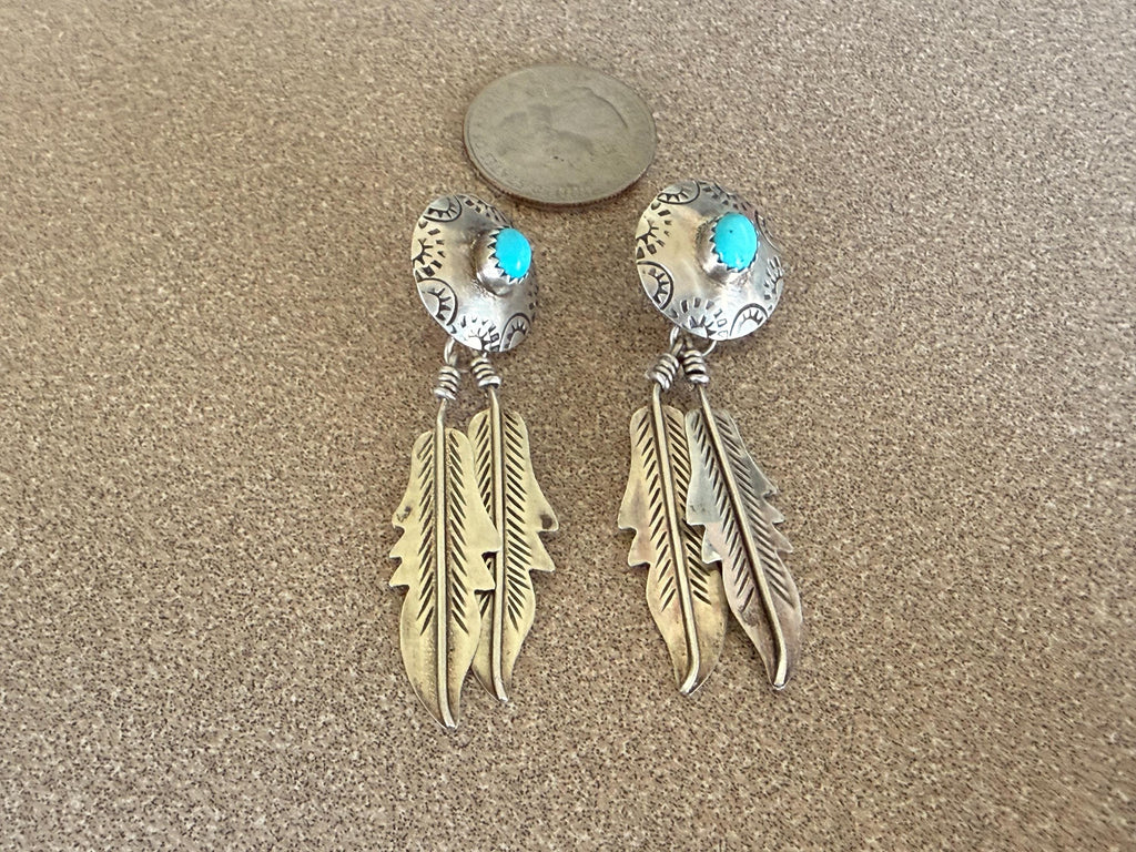 Beautiful Native American Sterling Silver and Turquoise Feather Dangle Post Earrings 2 1/2" long