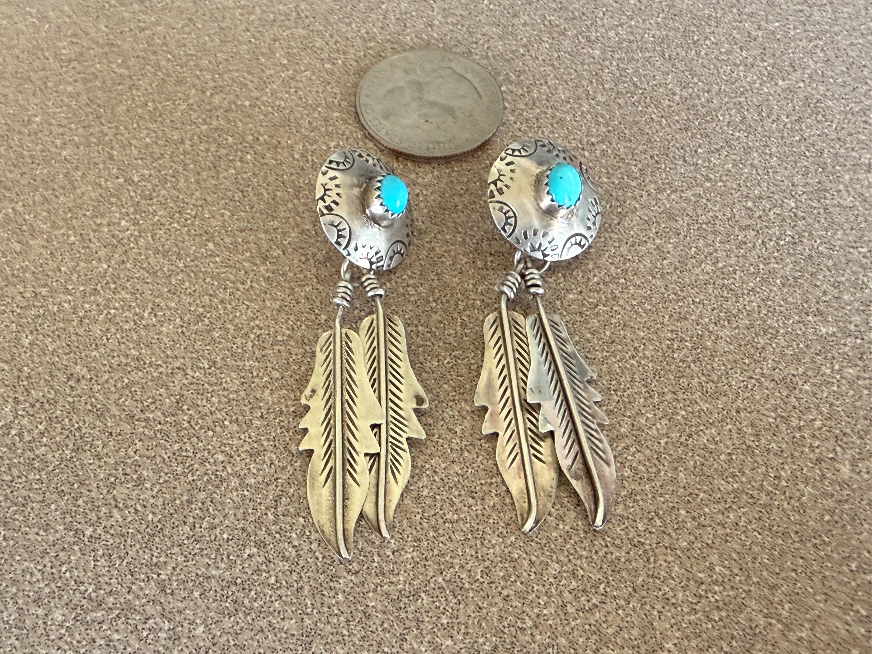 Beautiful Native American Sterling Silver and Turquoise Feather Dangle Post Earrings 2 1/2" long