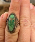 Vintage Artist Signed "H" Native American Blue Green Turquoise Sterling Silver Ring Size 6