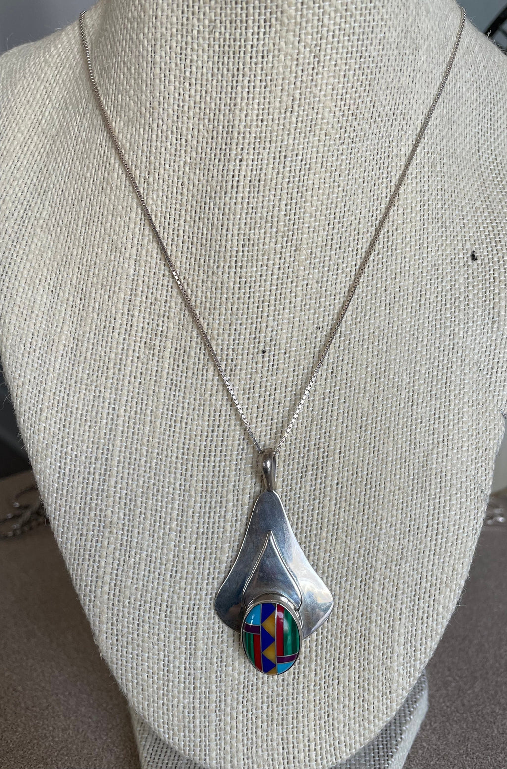 Beautiful Native American Signed "J" Zuni Necklace Sterling Silver Necklace with Pendant