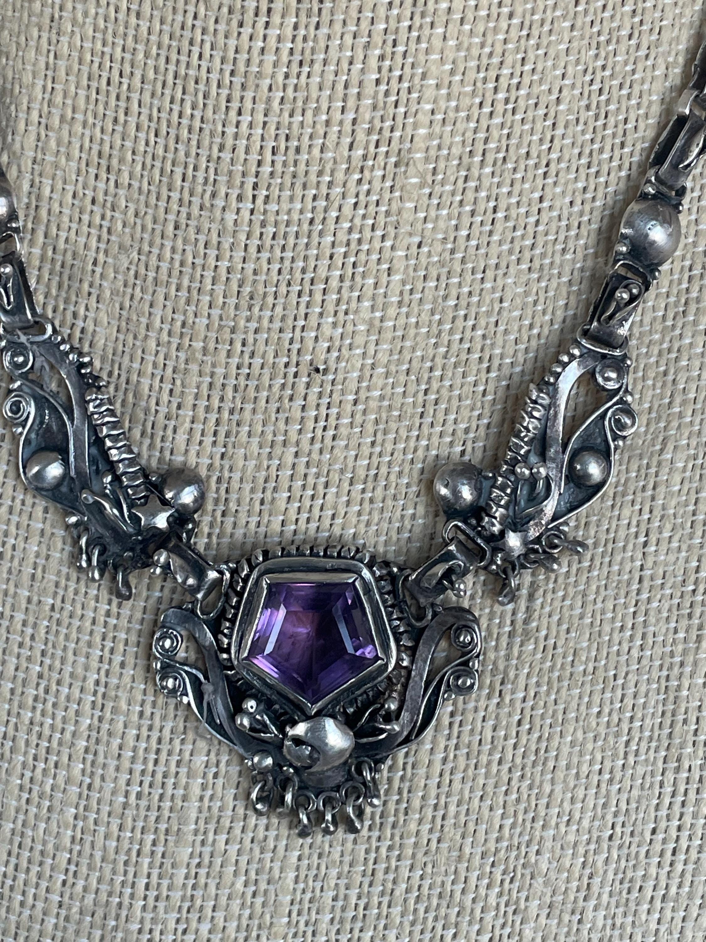 Very Ornate Amethyst Sterling Silver Choker Necklace Signed by Artist Made in India