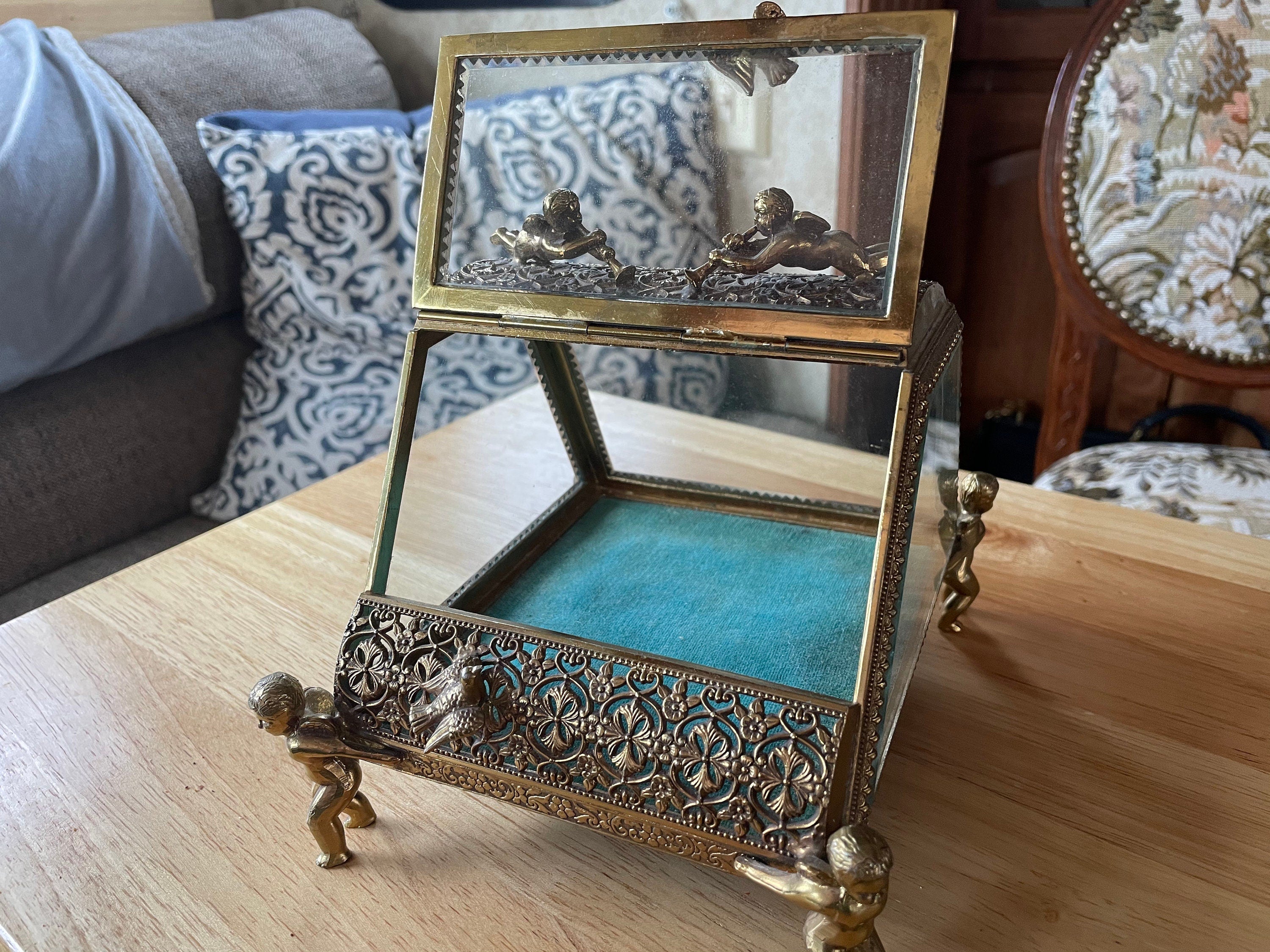 Beautiful Ornate Gold Gilt Ormolu Vanity Casket Jewelry Box w Cherubs and Birds