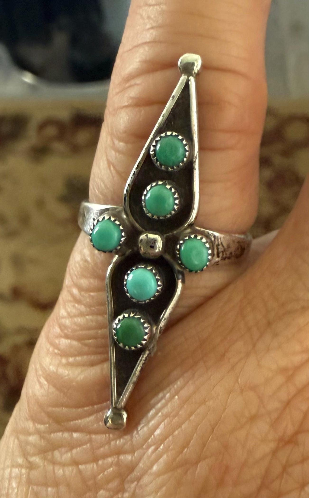 Vintage Authentic Native American Blue Green Turquoise Sterling Silver Snake Eyes Ring Size 6