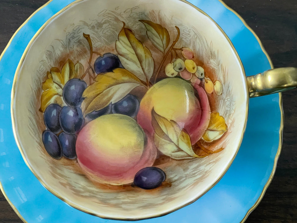 Beautiful Aynsley Fruit Orchard Gold Tea Cup and Saucer Duo Vintage 1960's Turquoise Blue