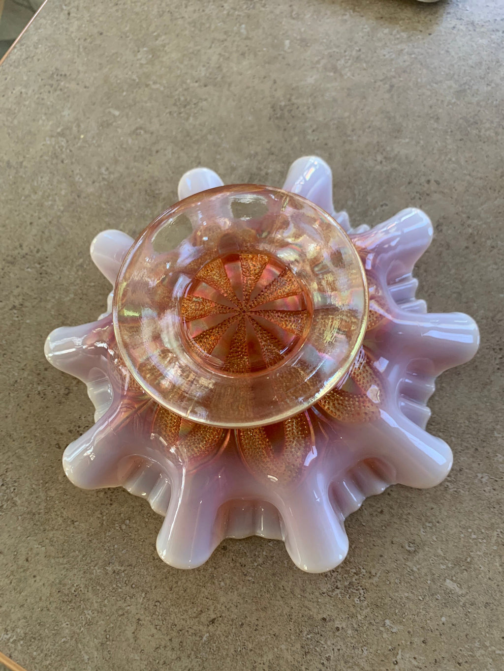 Vintage Dugan Carnival Glass Amber Border Plants pattern Compote Bowl
