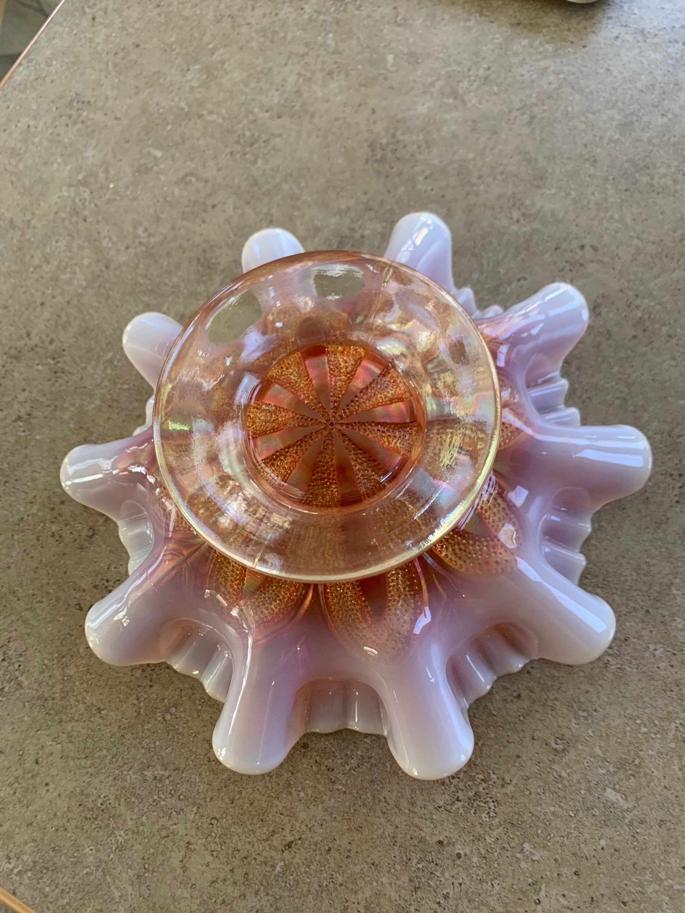 Vintage Dugan Carnival Glass Amber Border Plants pattern Compote Bowl