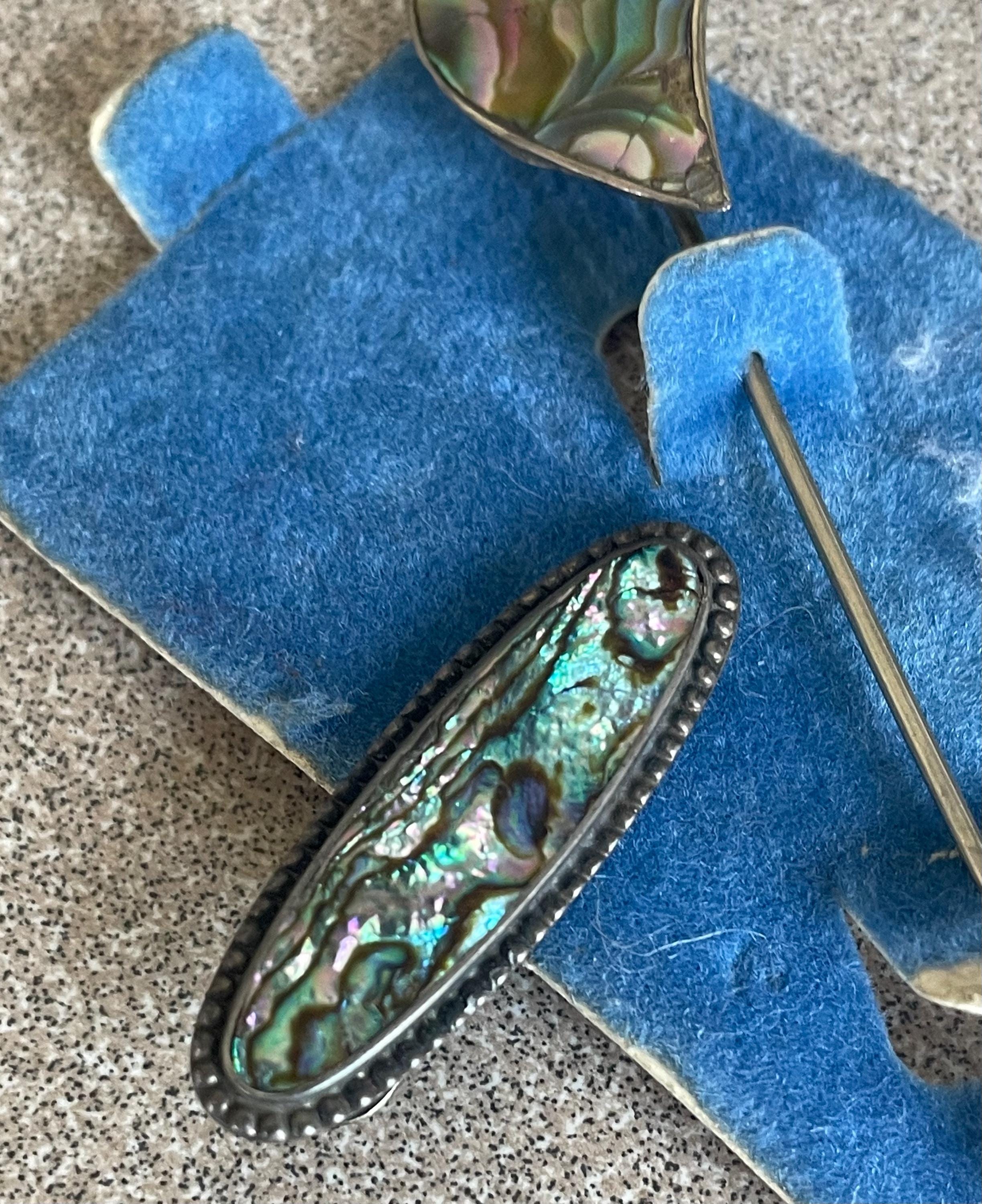 Unique Antique Sterling Silver with Heart Shaped Abalone Hat Pin and Oval  Clip