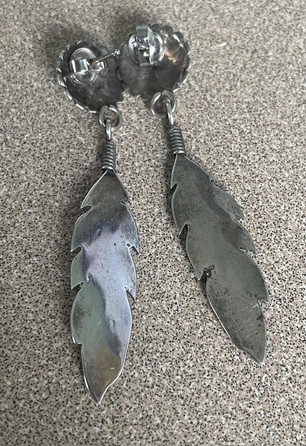Beautiful Native American Sterling Silver Feather Dangle Post Earrings 2 1/4" long