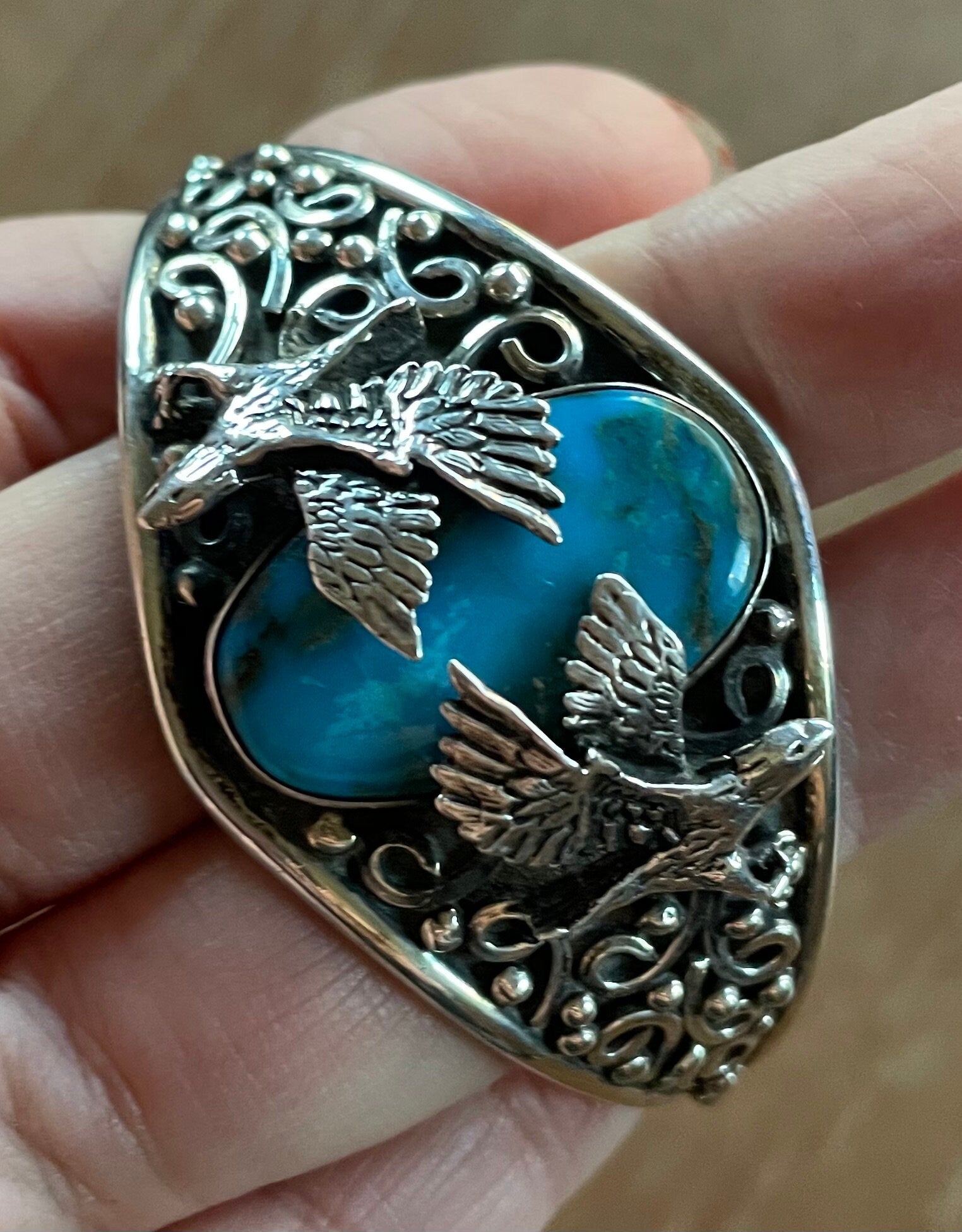 Native American Turquoise and Sterling Silver Cuff Bracelet Artist Signed With Eagles