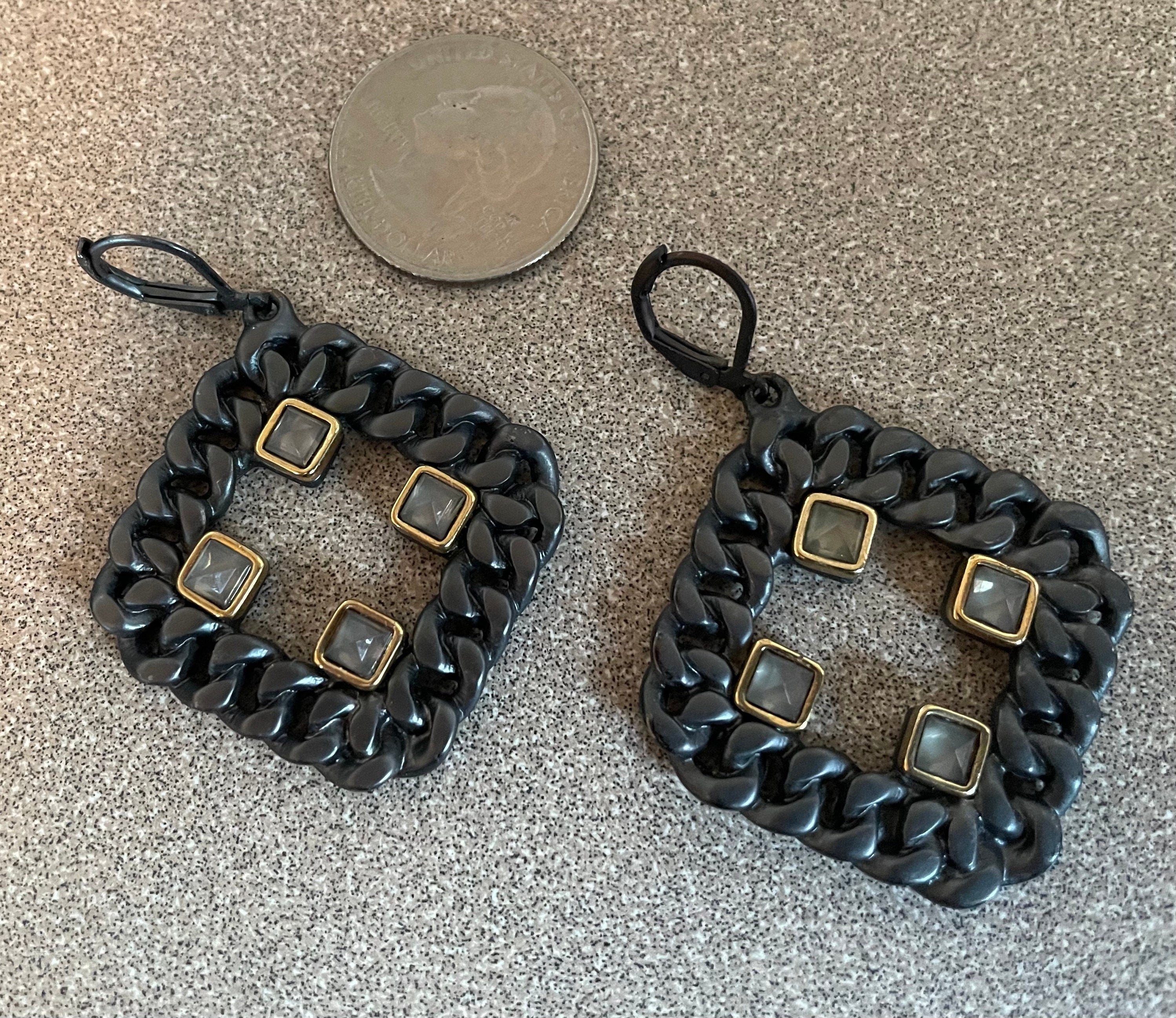Beautiful Vintage Heidi Klum Dangle Pierced Earrings Black Chain Metal with Stones