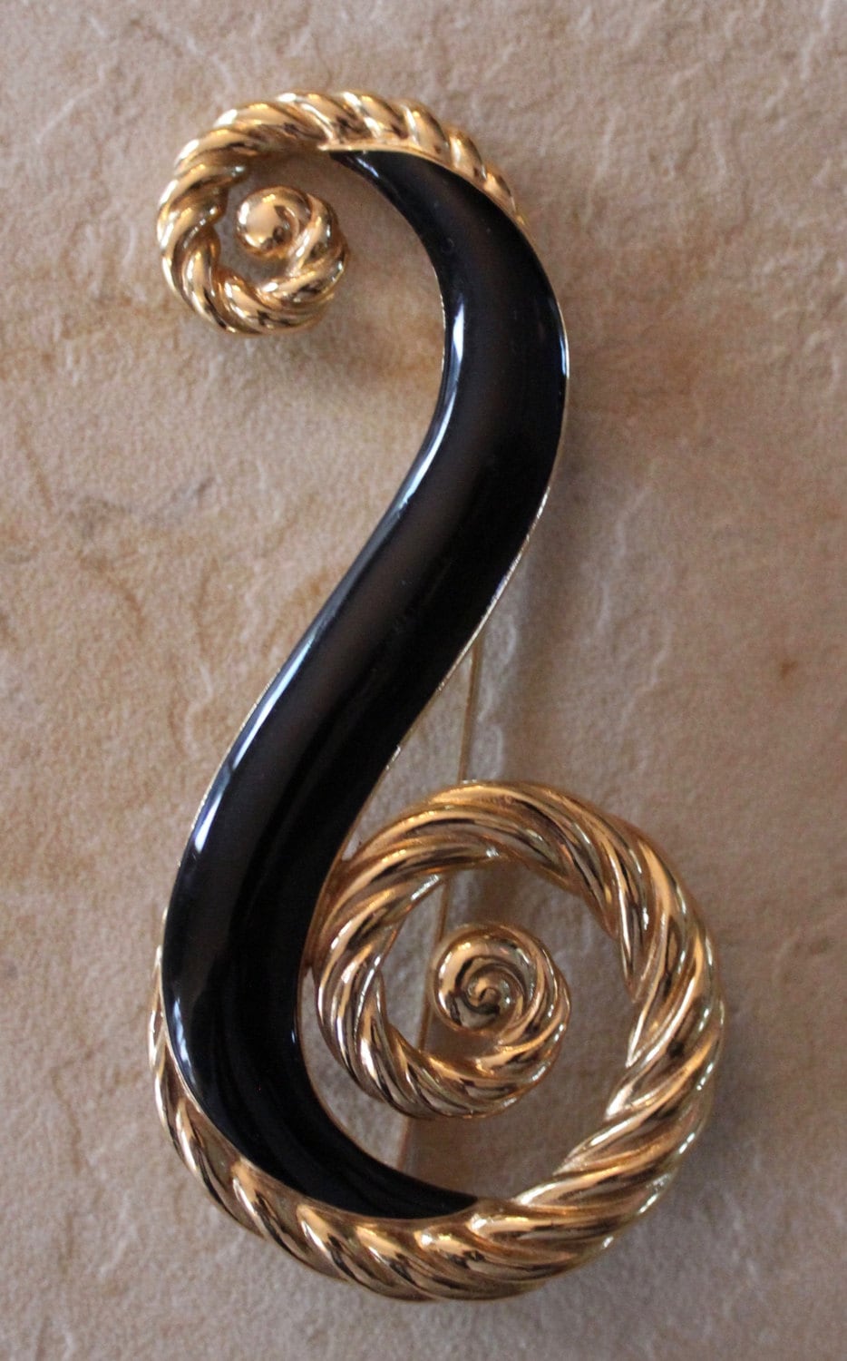 Vintage Huge 3 1/2" Signed Trifari Crown Swirl Black Enamel Brooch Pin