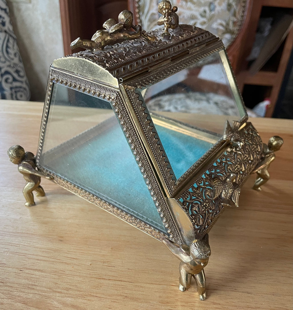 Beautiful Ornate Gold Gilt Ormolu Vanity Casket Jewelry Box w Cherubs and Birds