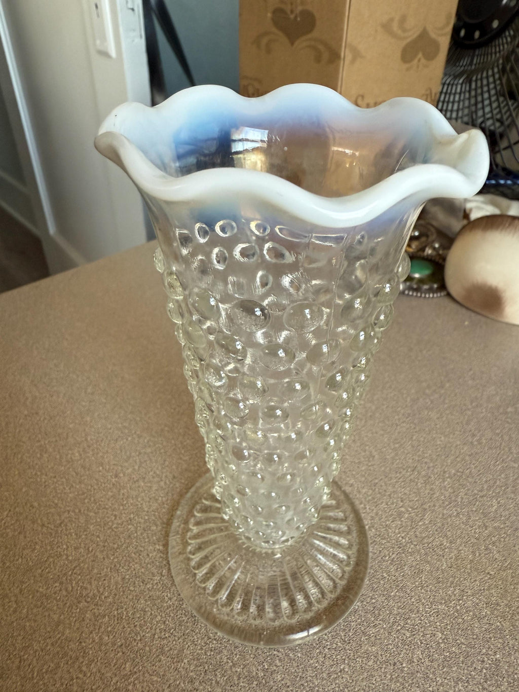 Vintage Fenton Opalescent Hobnail Moonstone Ruffle Top Vase