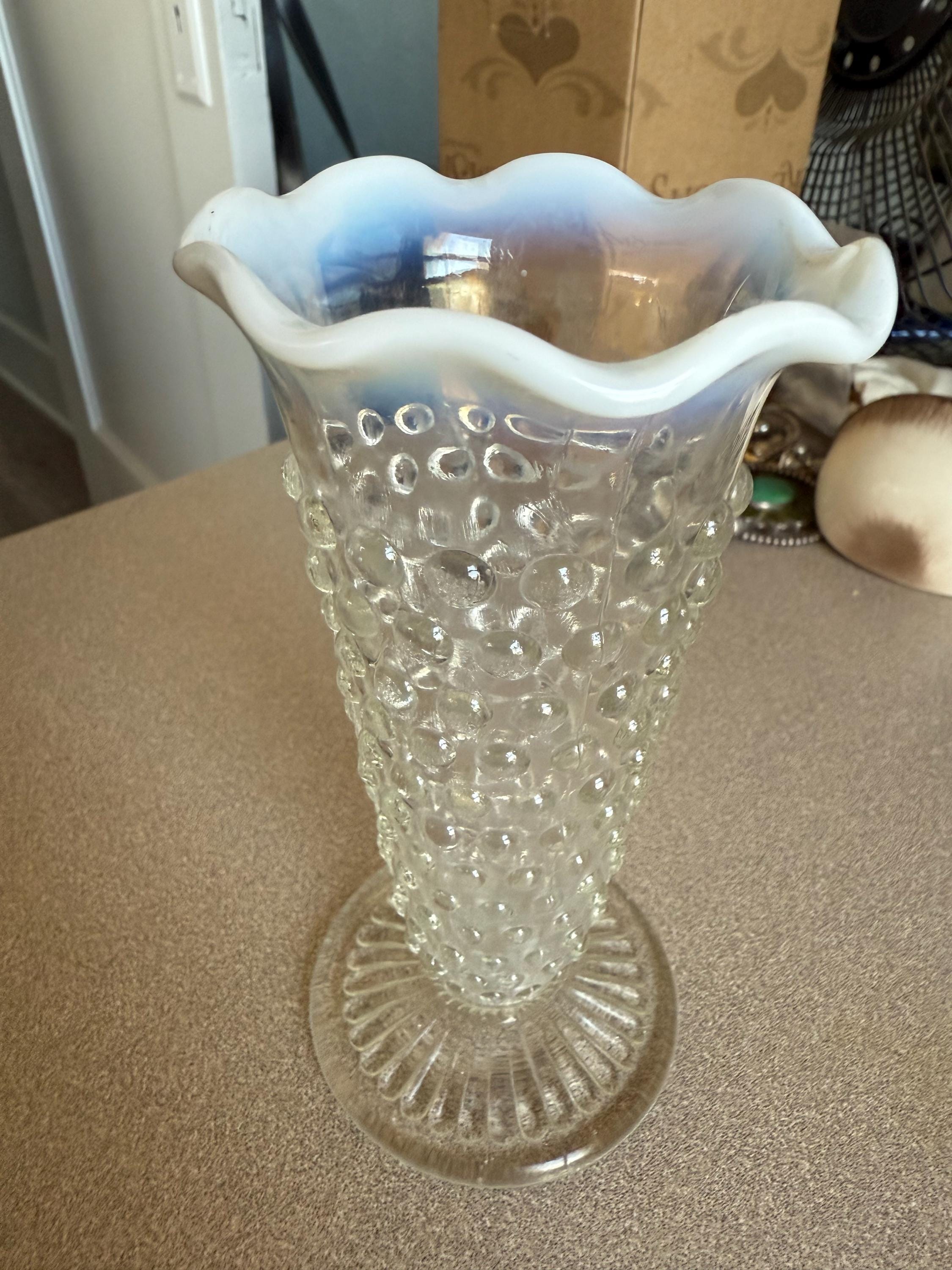 Vintage Fenton Opalescent Hobnail Moonstone Ruffle Top Vase