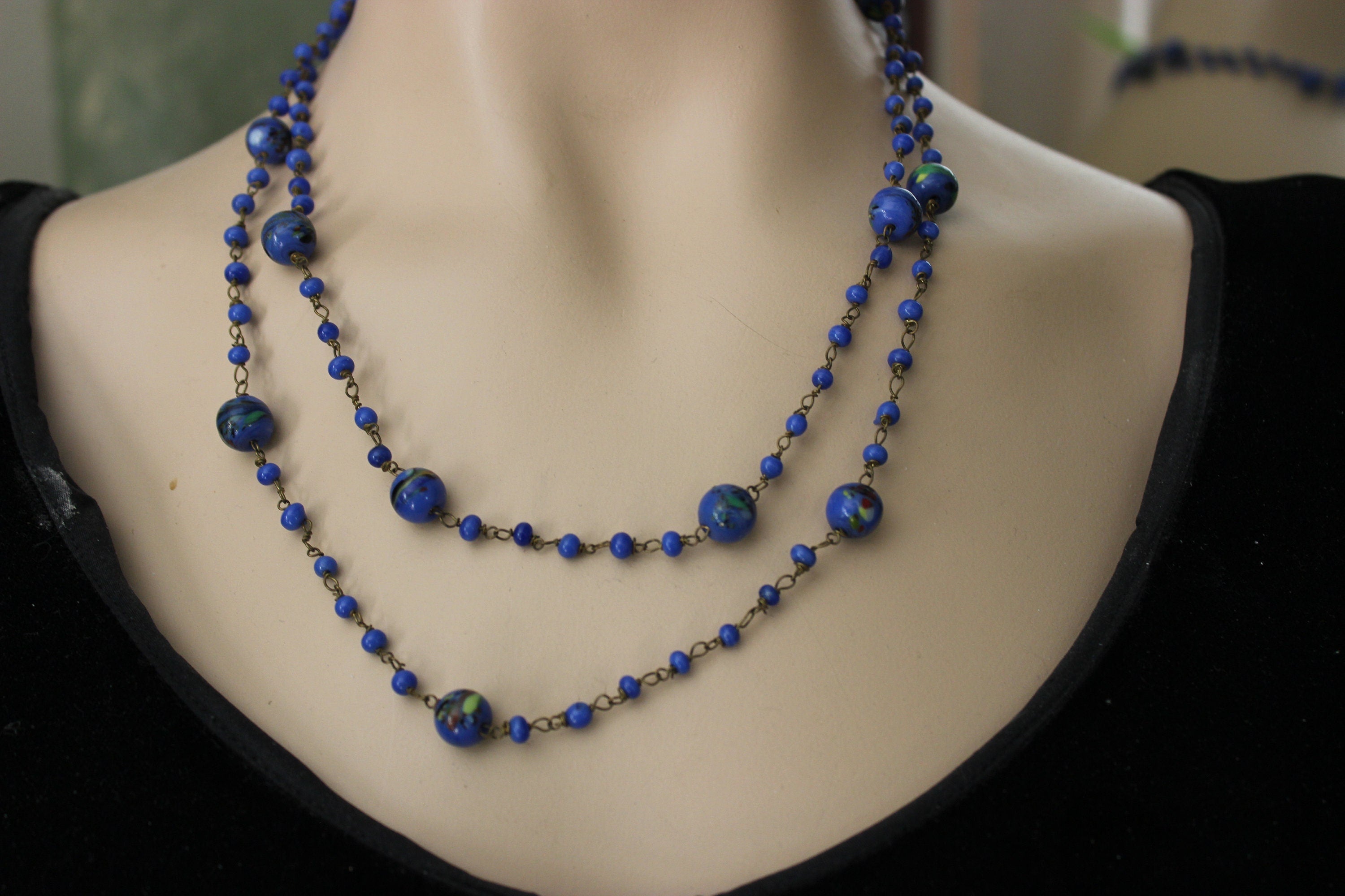 Vintage Cobalt Blue Color Venetian Millefiori Necklace Murano Glass Italian