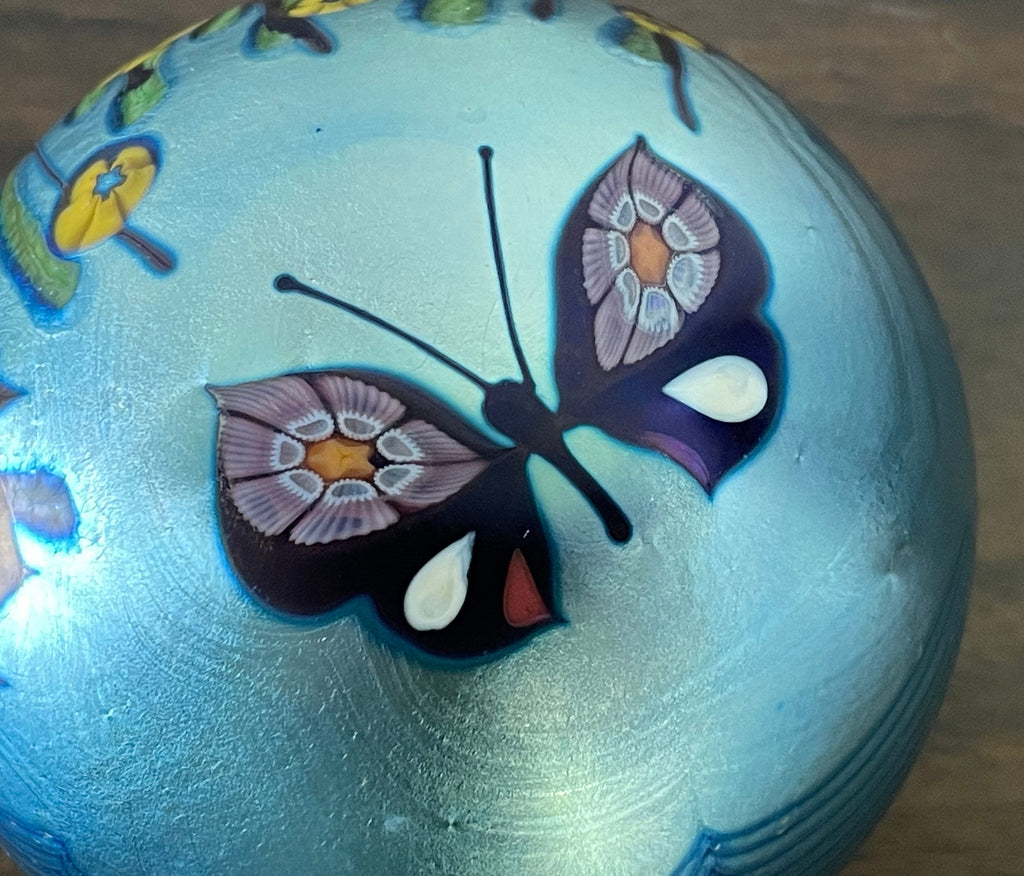 Vintage Orient & Flume Iridescent Floral Art Glass Paperweight Dated 1977 Stunning with Butterfly and Flowers