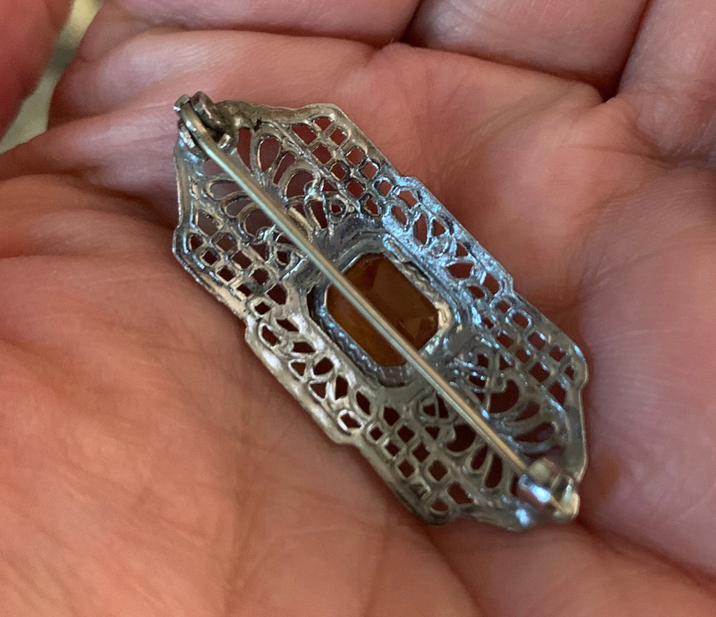 Antique Sterling Silver and Citrine Stone Deco Brooch Pin