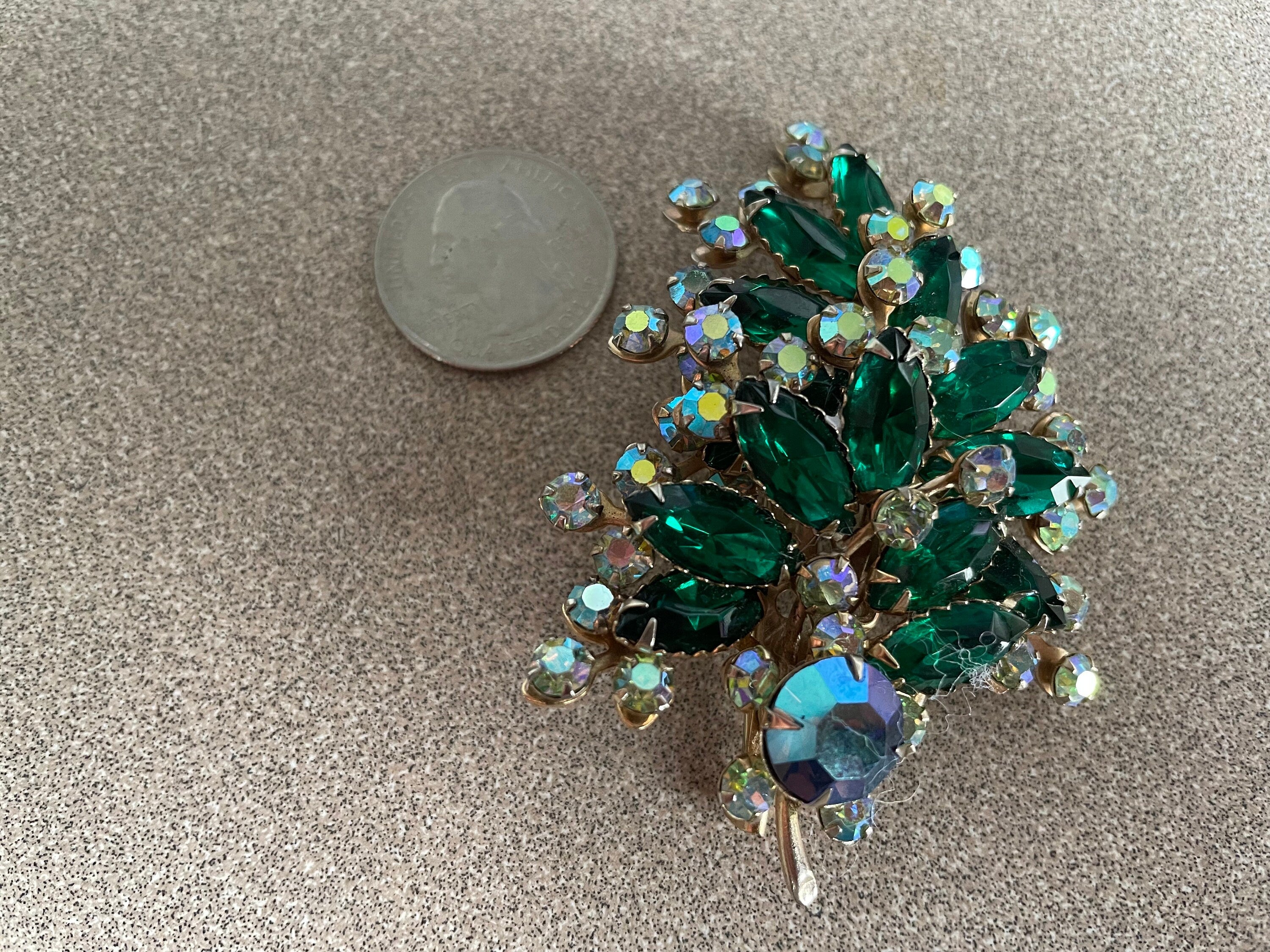 Large Vintage D & E Juliana Blue and Green Rhinestone  Brooch Pin and Clip Earrings