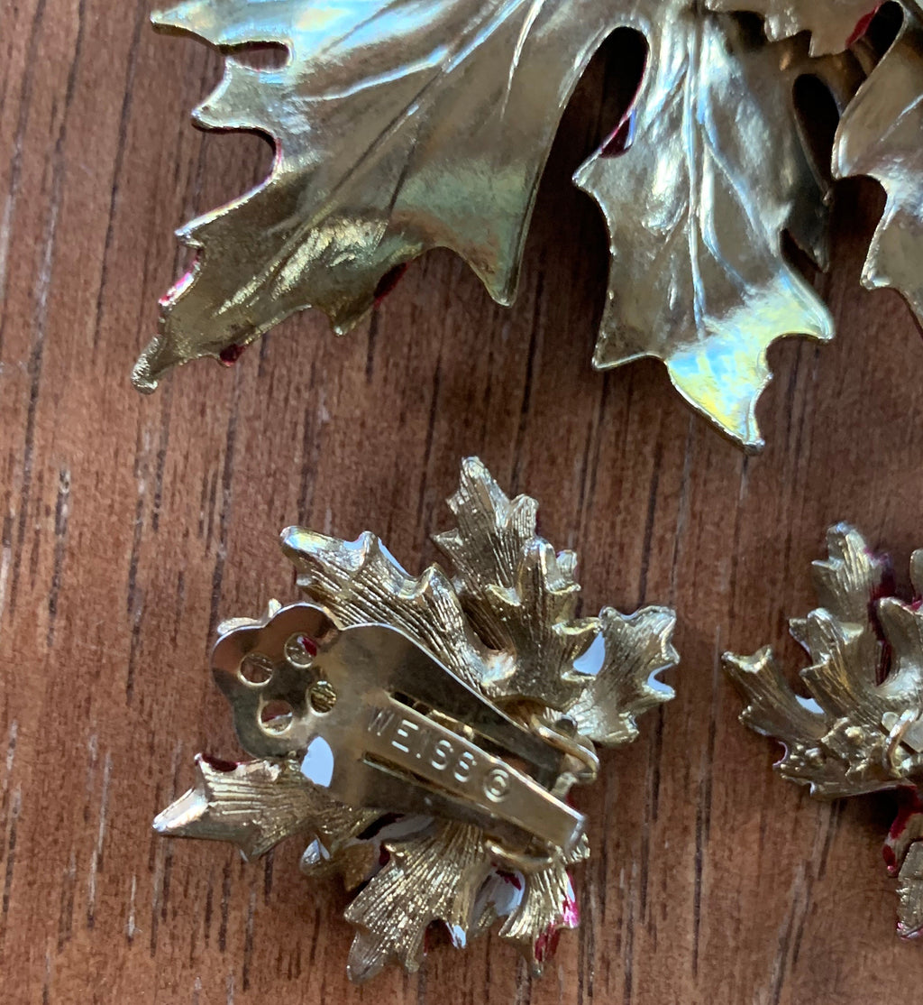 Vintage Signed Weiss Enameled Falls Leaves Brooch Pin and Earrings Set